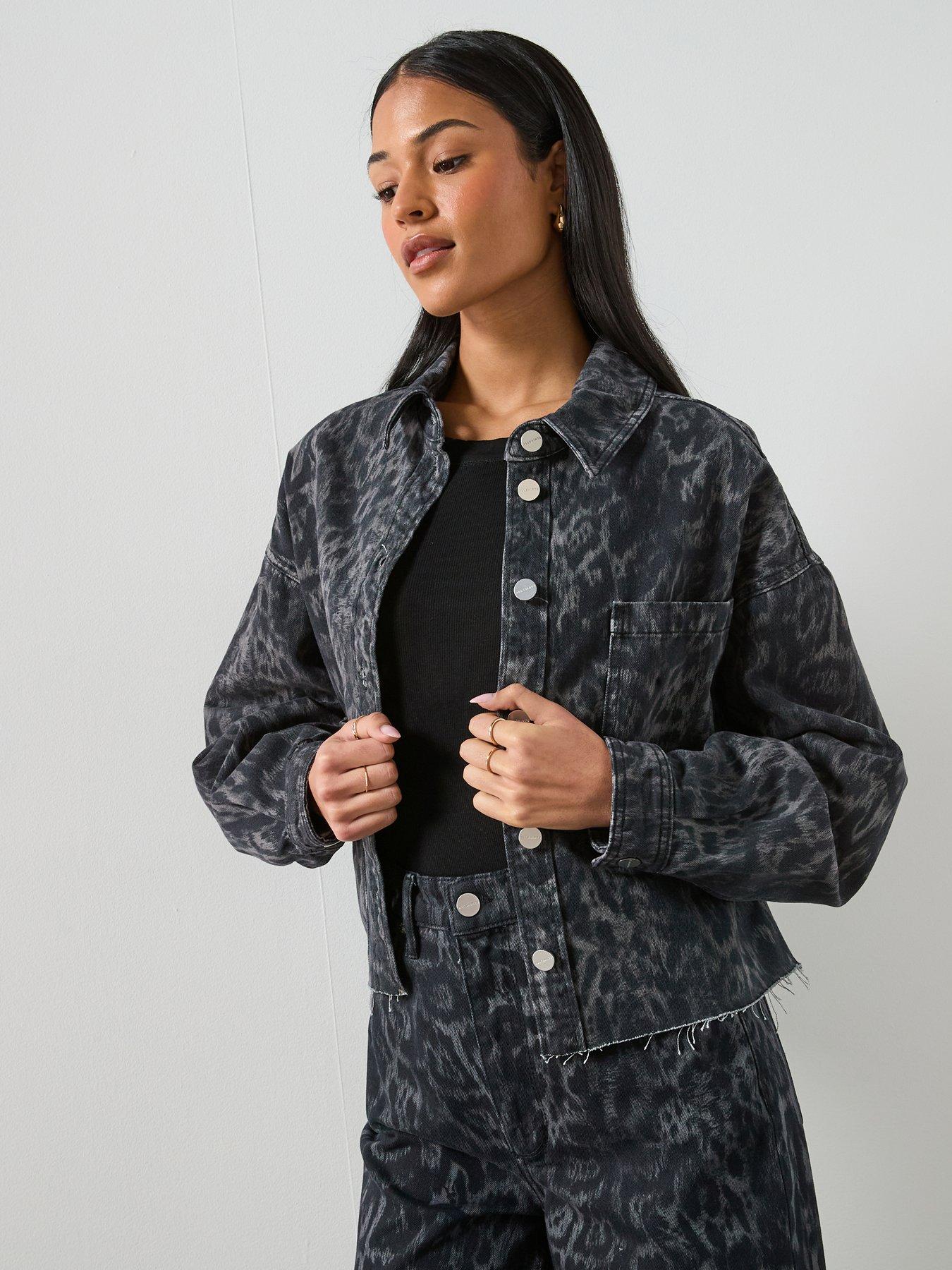 Image 1 of 6 of AllSaints Nicky Leopard Print Denim Shacket - Black