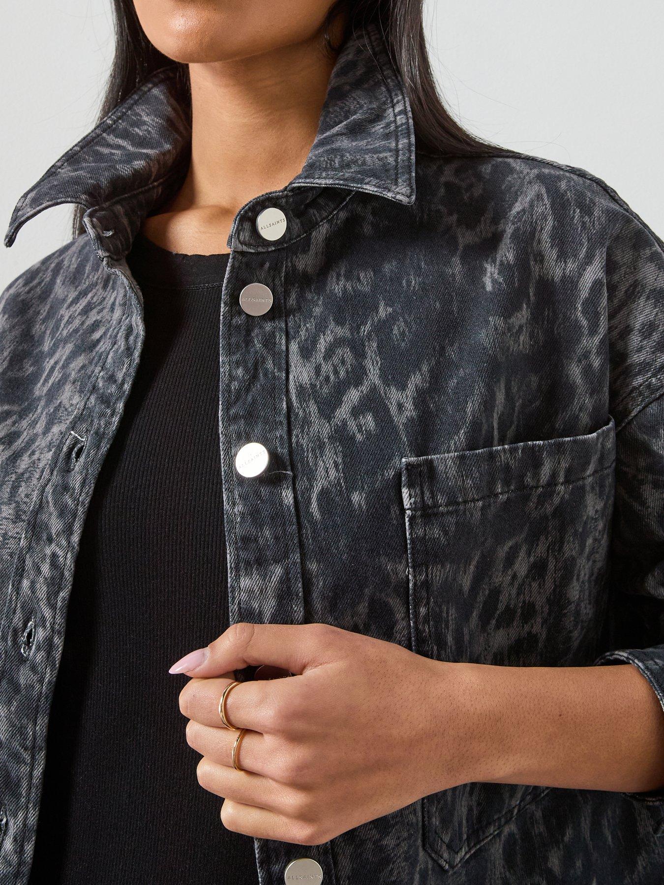 Image 4 of 6 of AllSaints Nicky Leopard Print Denim Shacket - Black
