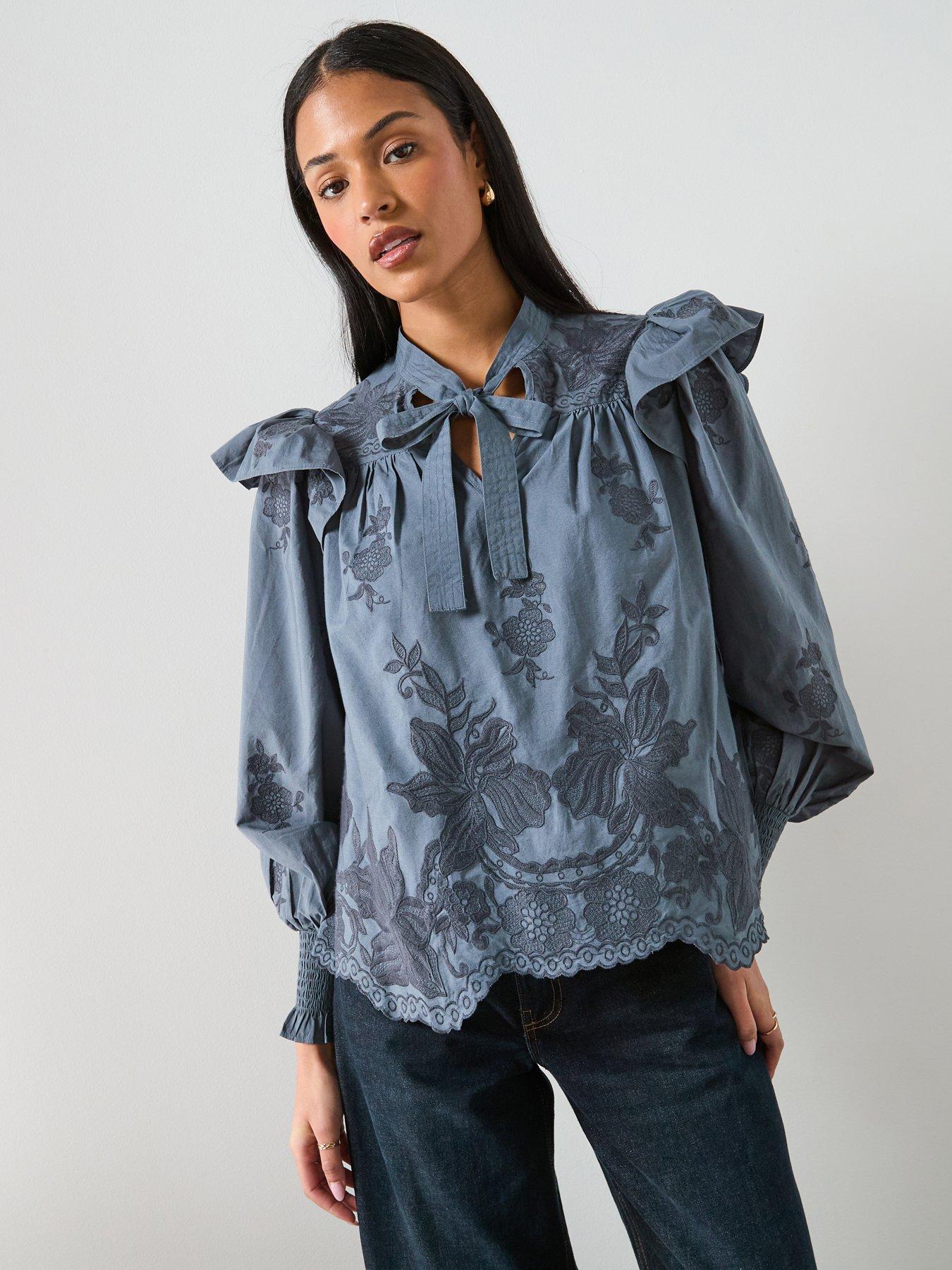 AllSaints Nisa Embroidered Top - Steel Blue