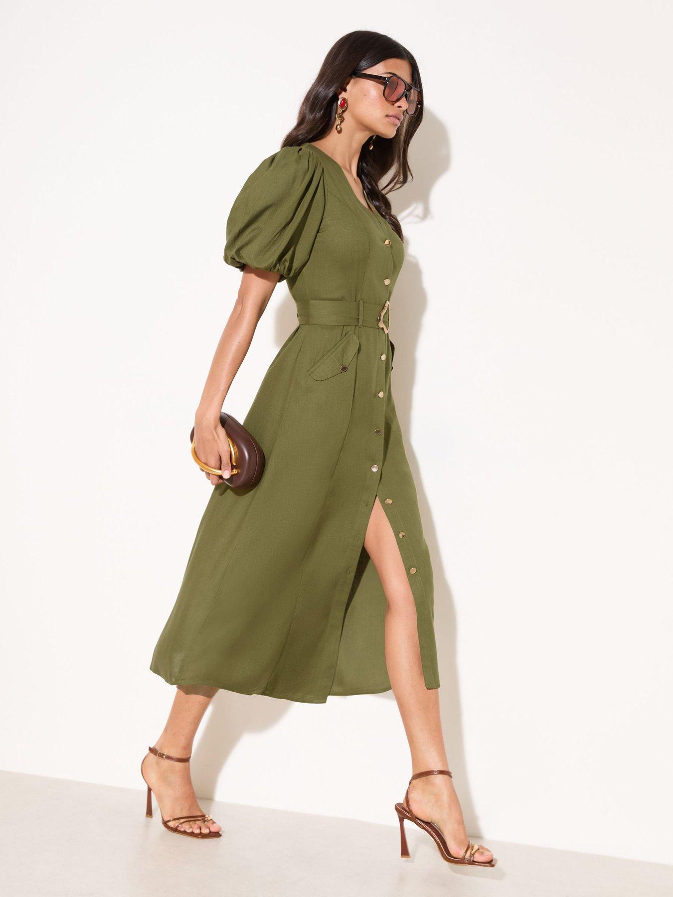 Friends Like These Olive Linen Button Through Belted Midi - Green