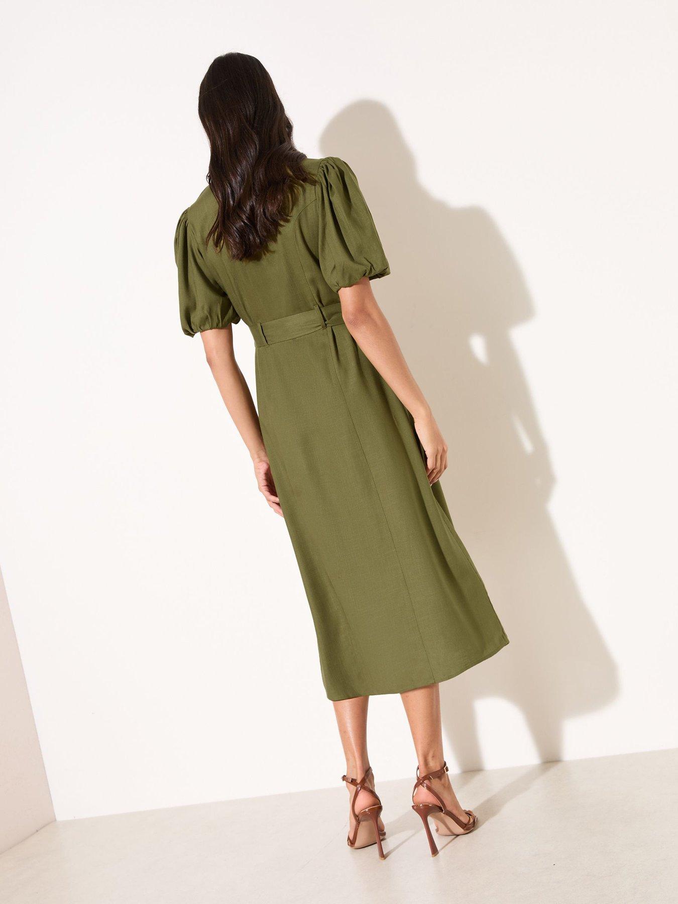 Image 2 of 4 of Friends Like These Olive Linen Button Through Belted Midi - Green