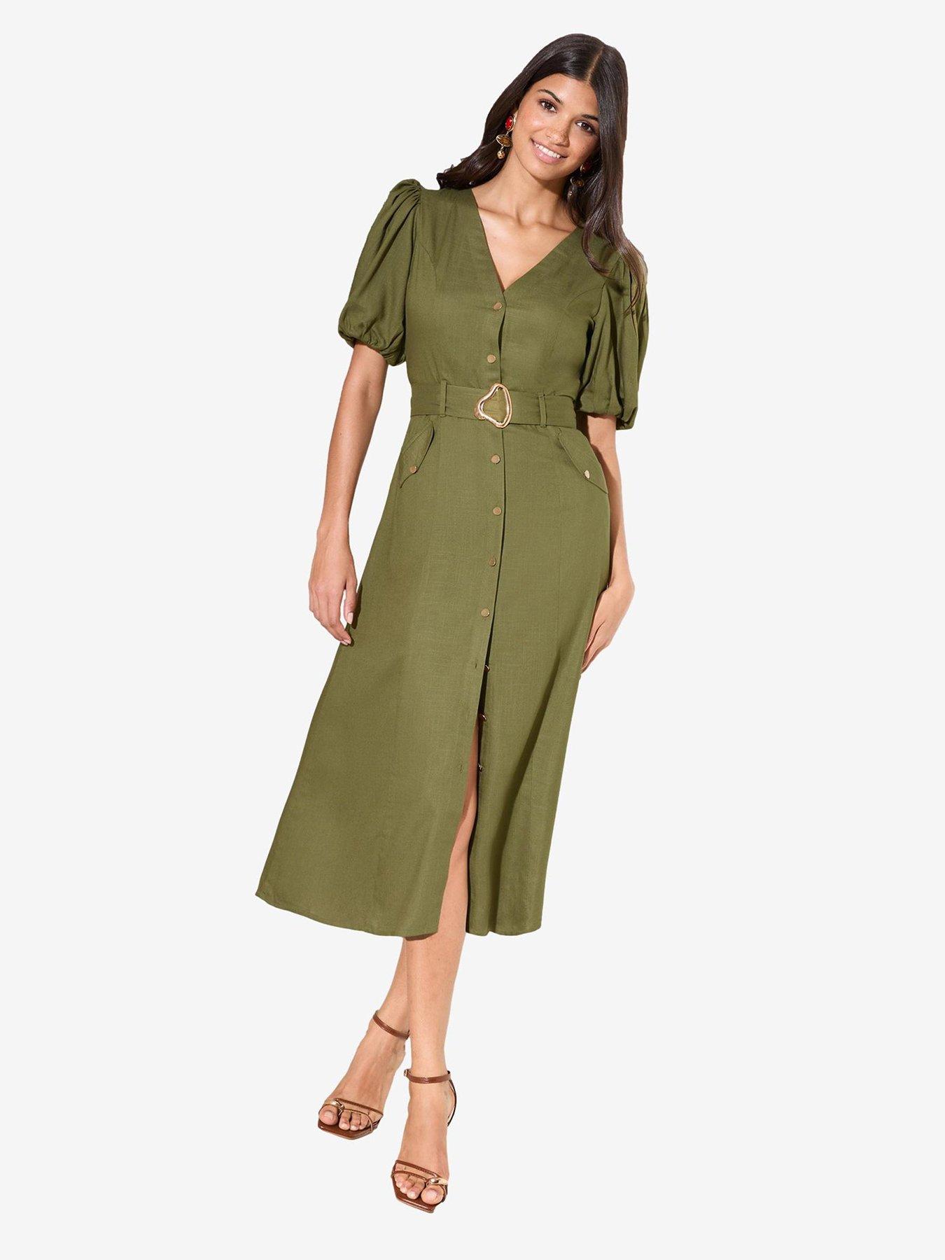 Image 3 of 4 of Friends Like These Olive Linen Button Through Belted Midi - Green