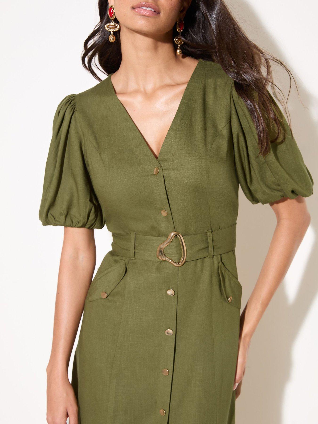 Image 4 of 4 of Friends Like These Olive Linen Button Through Belted Midi - Green