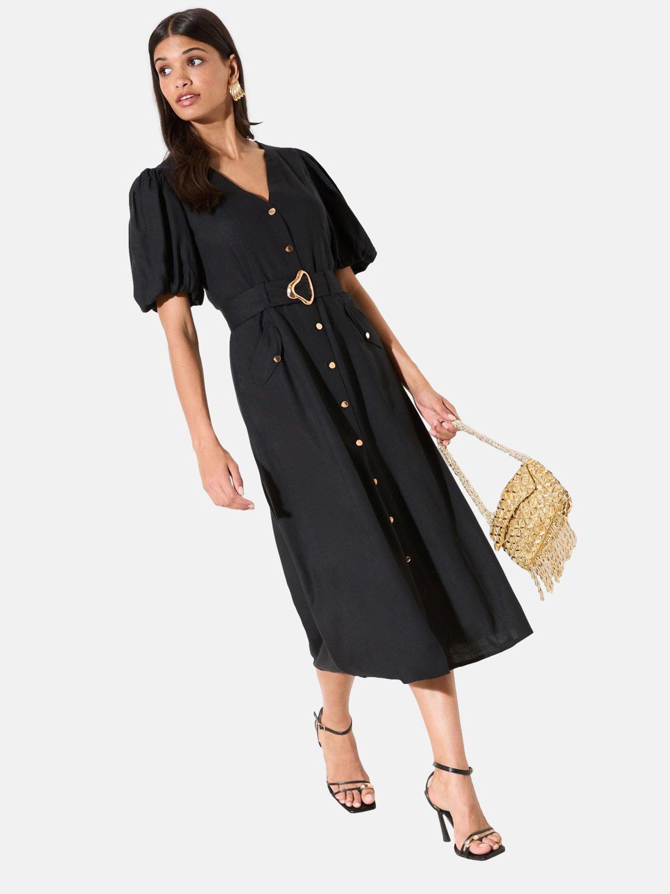 Friends Like These Linen Button Through Belted Midi Dress - Black
