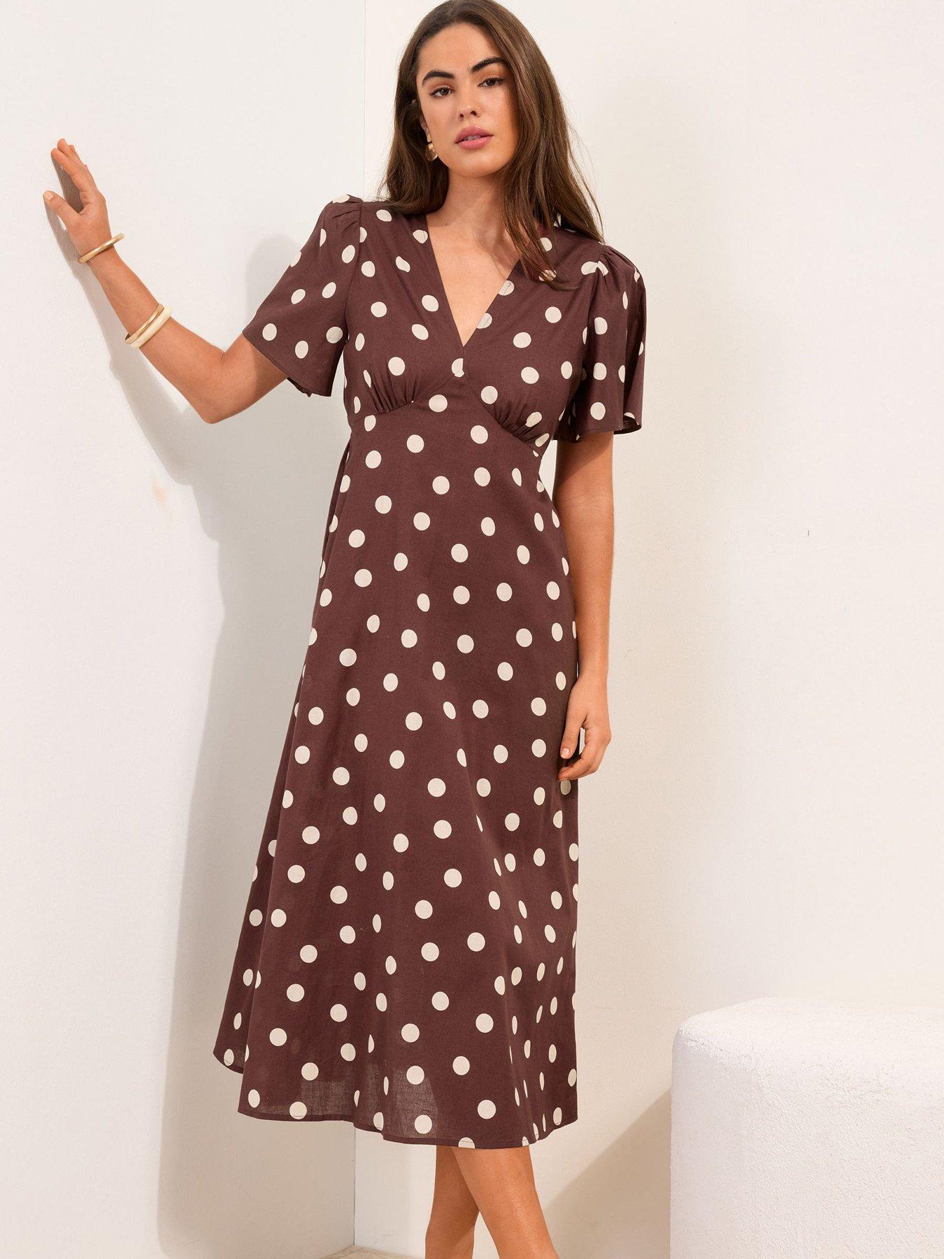 Friends Like These Linen Blend V Neck Flutter Sleeve Spot Midi - Brown