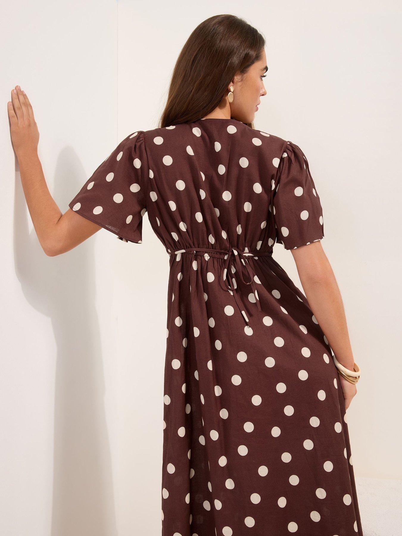 Image 2 of 4 of Friends Like These Linen Blend V Neck Flutter Sleeve Spot Midi - Brown