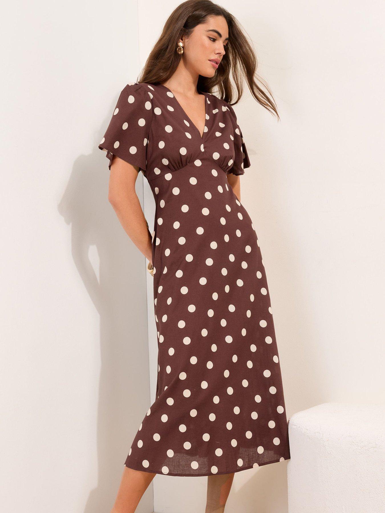 Image 3 of 4 of Friends Like These Linen Blend V Neck Flutter Sleeve Spot Midi - Brown