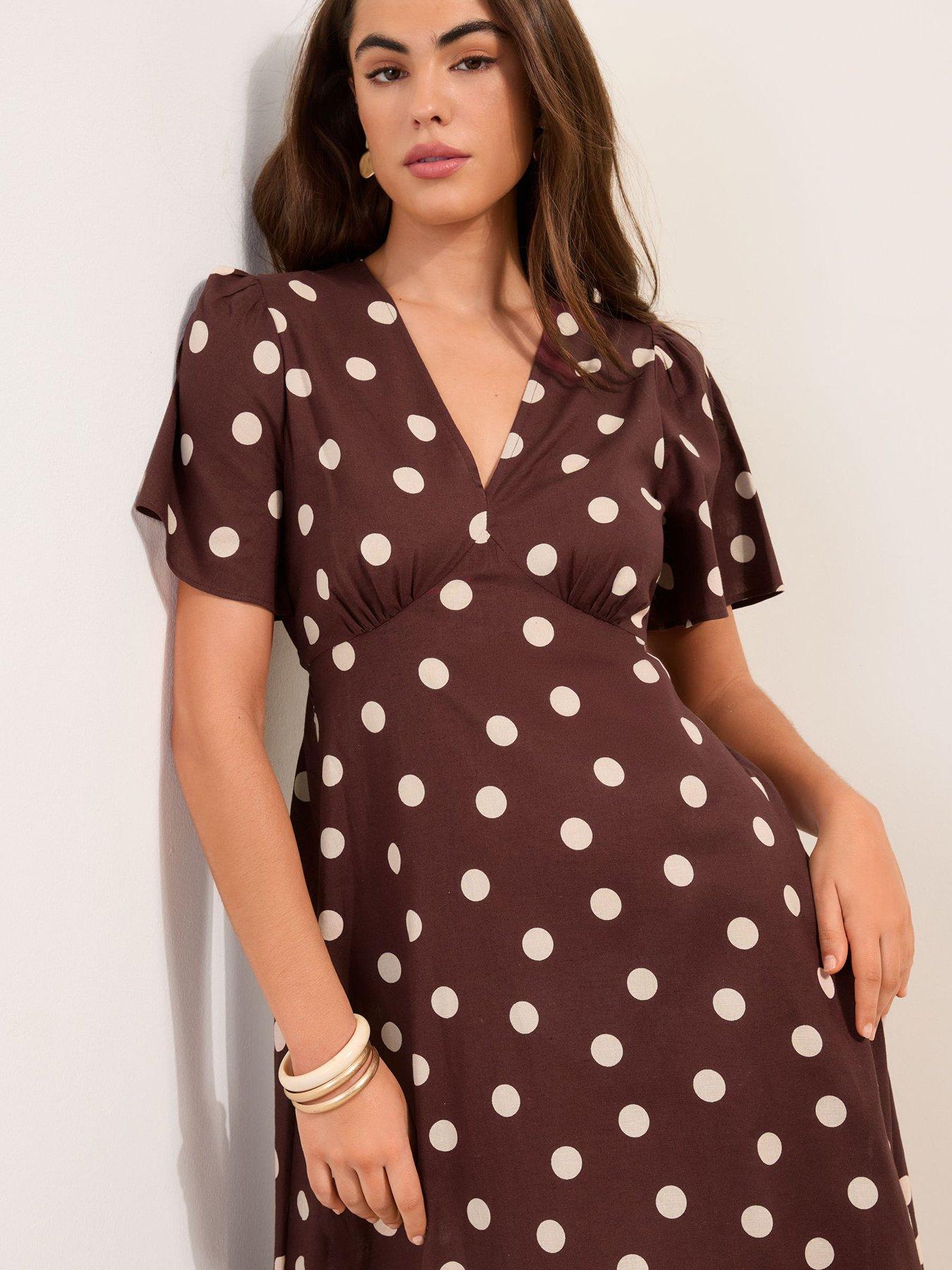 Image 4 of 4 of Friends Like These Linen Blend V Neck Flutter Sleeve Spot Midi - Brown