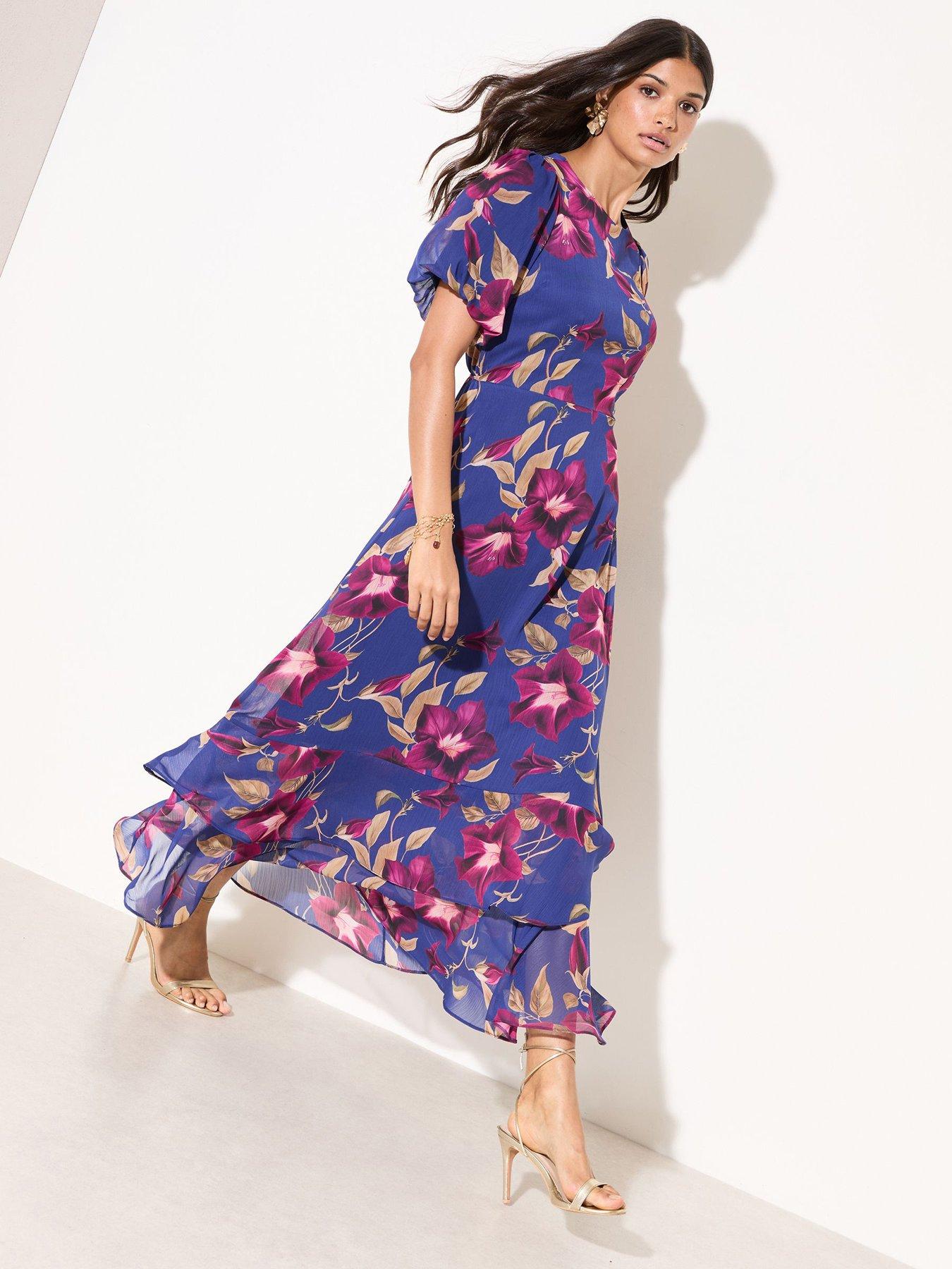 Friends Like These Print Puff Sleeve Tiered Hem Midi - Navy