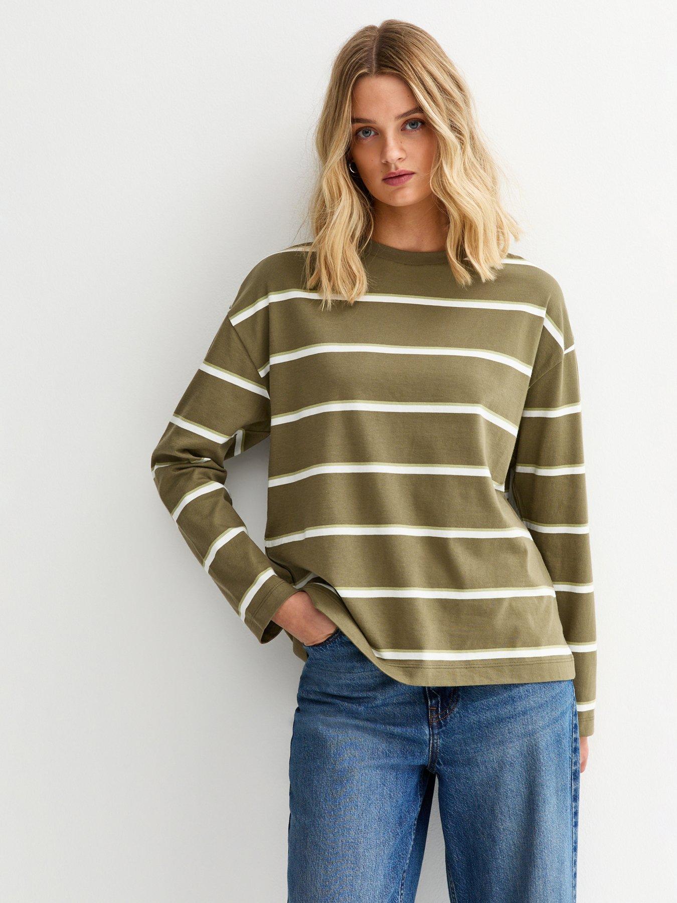 Image 1 of 6 of New Look Striped Long Sleeve Top - Green