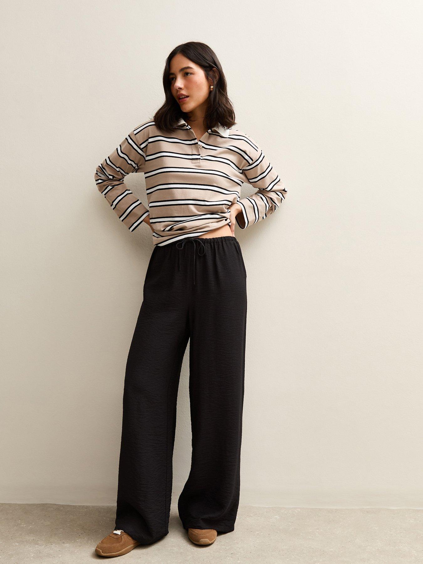 Image 1 of 5 of New Look Drawstring Waist Wide Leg Trousers - Black