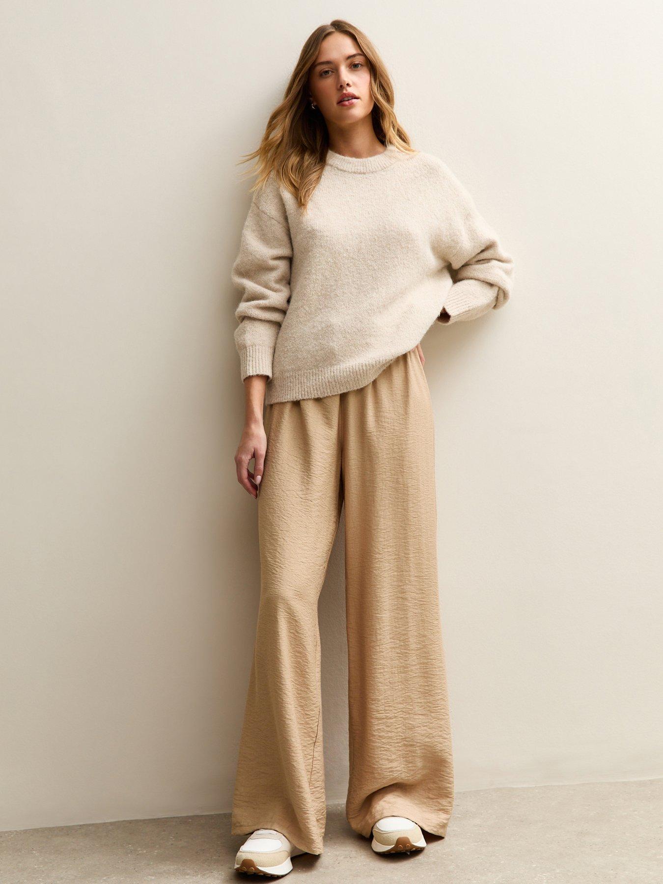 Image 1 of 5 of New Look Drawstring Waist Wide Leg Trousers - Light Brown
