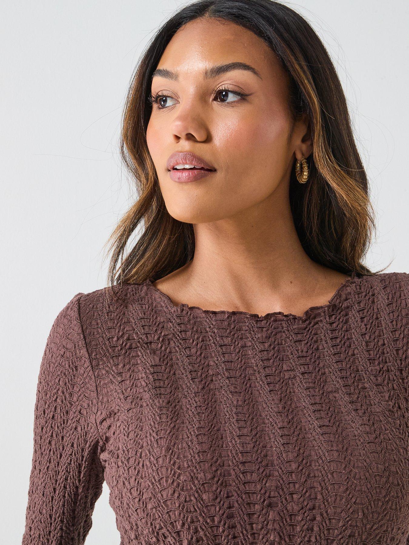 only-ella-long-sleeve-ruched-detail-top-brownoutfit