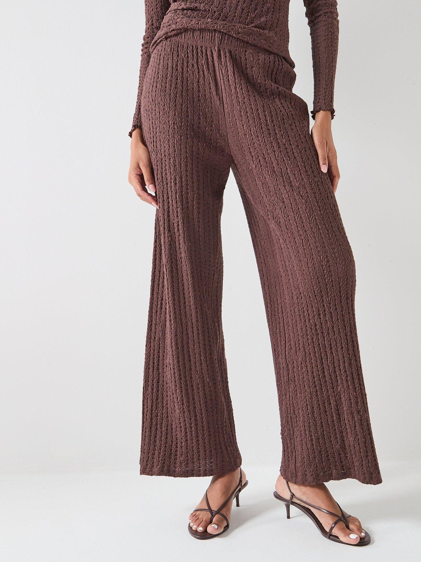 Only Ella Wide Leg Textured Trousers - Brown