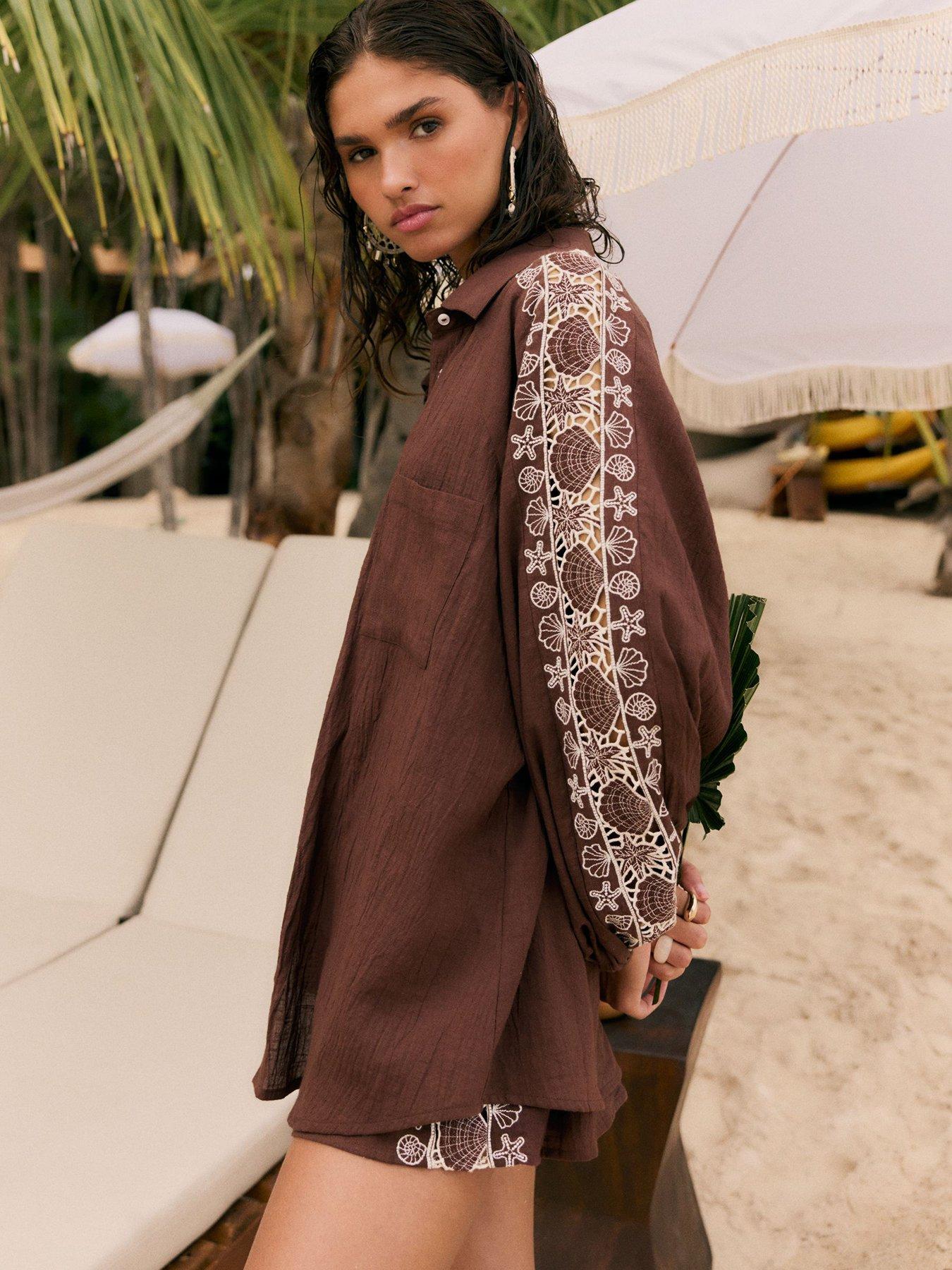 Image 2 of 4 of Friends Like These Lace Insert Shirt (Co Ord) - Brown