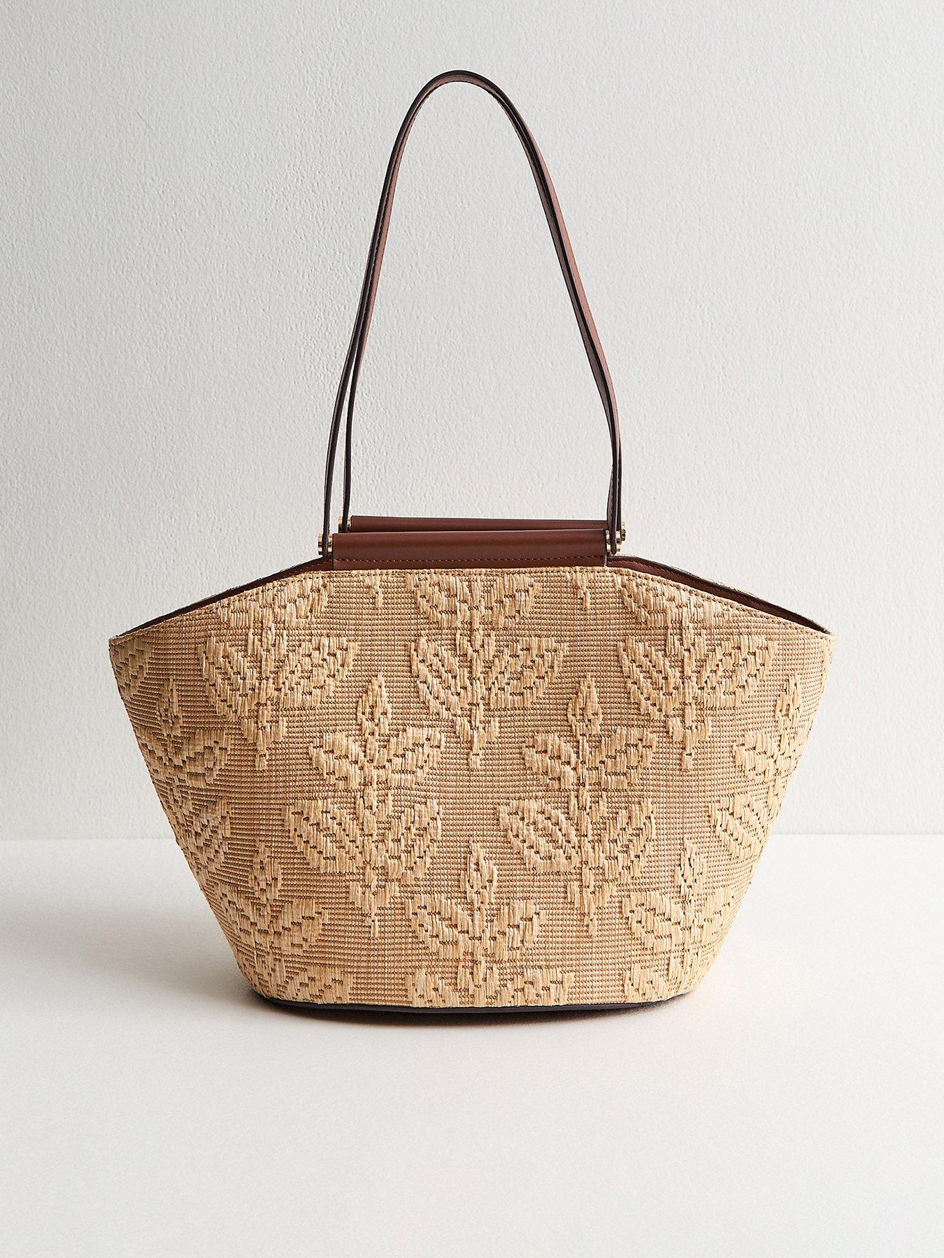 New Look Stone Floral Raffia Tote Bag - Stone