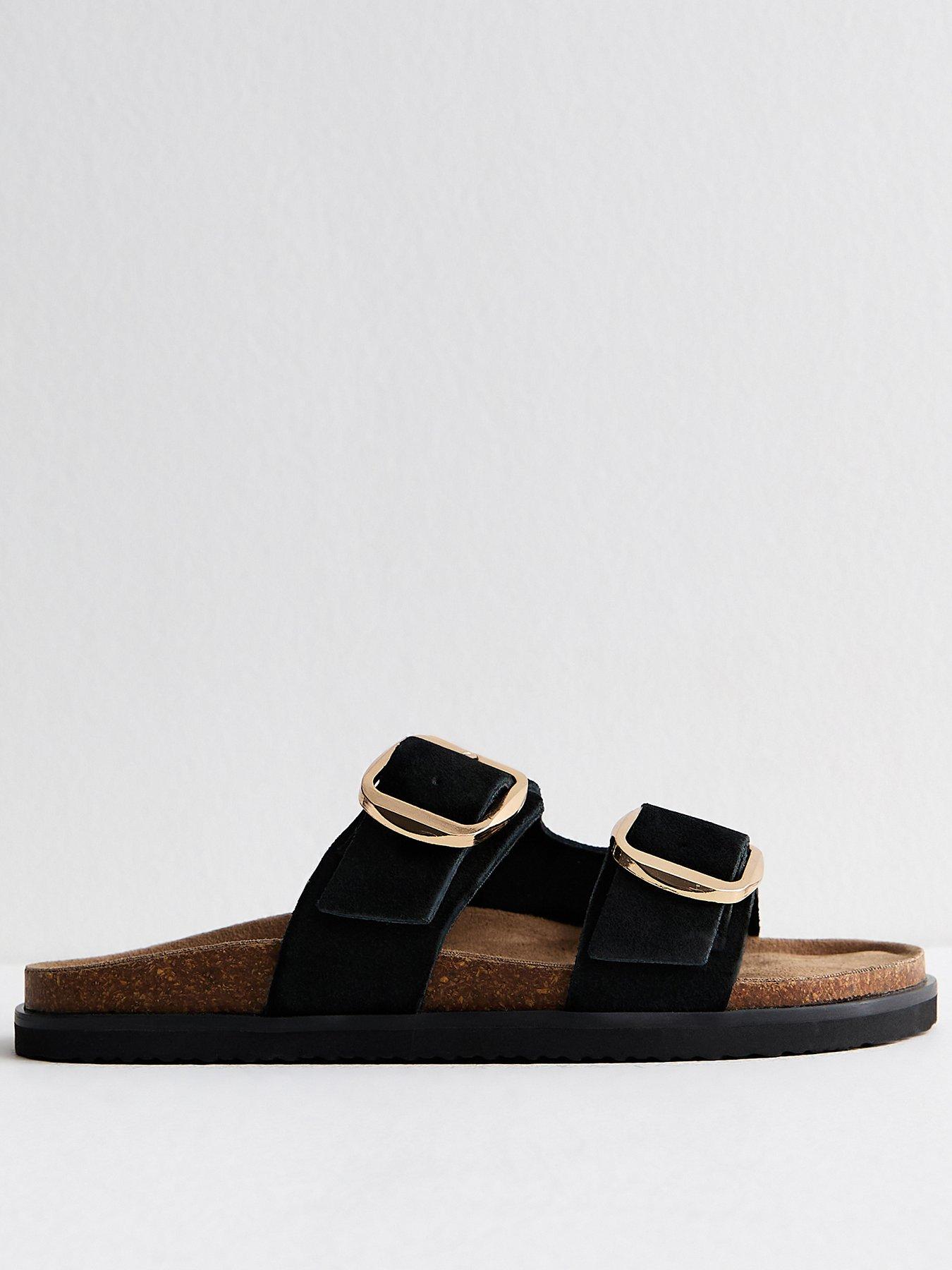 Image 1 of 4 of New Look Premium Real Leather Real Suede Buckled Strap Sandals - Black