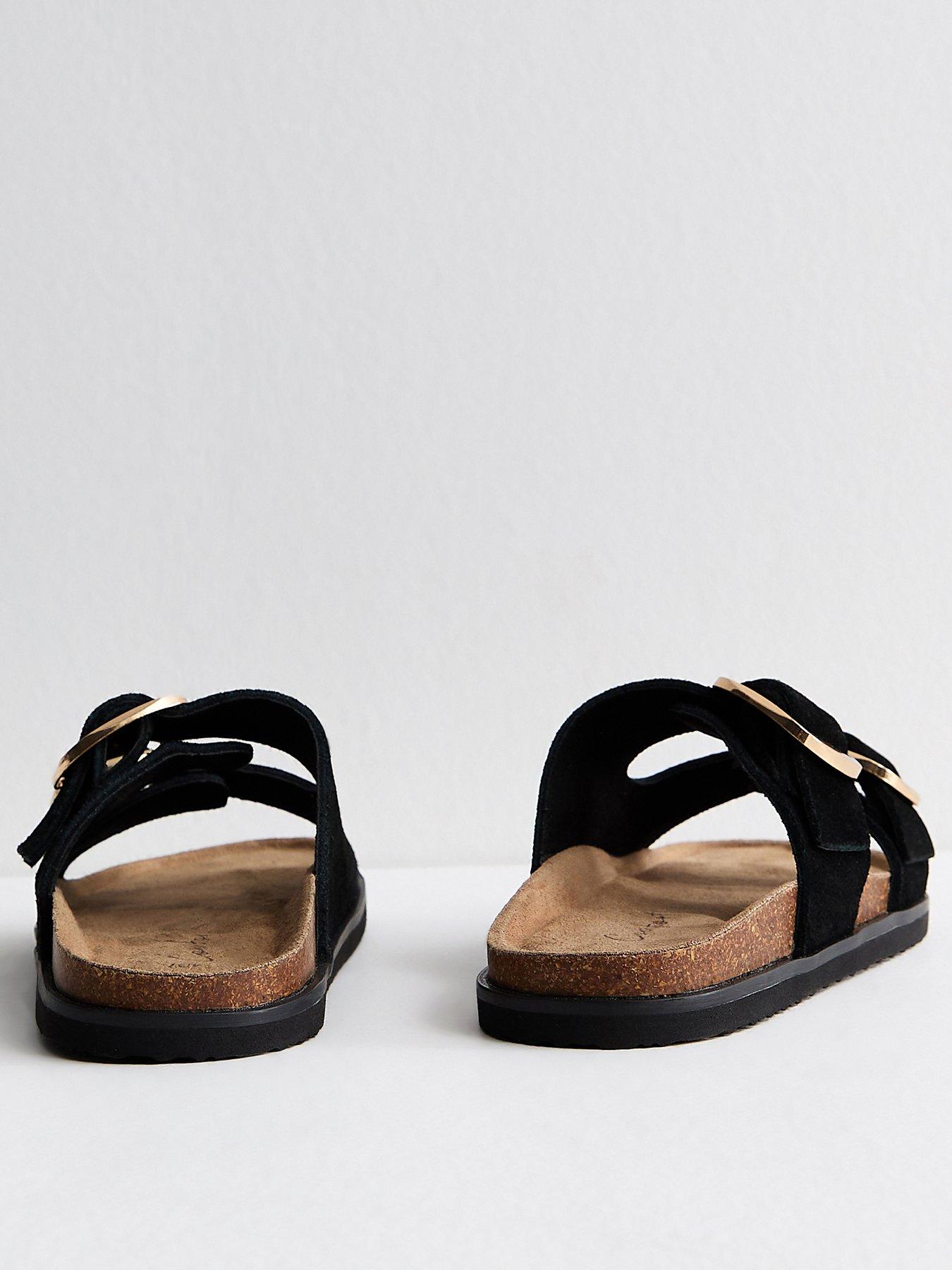 Image 2 of 4 of New Look Premium Real Leather Real Suede Buckled Strap Sandals - Black