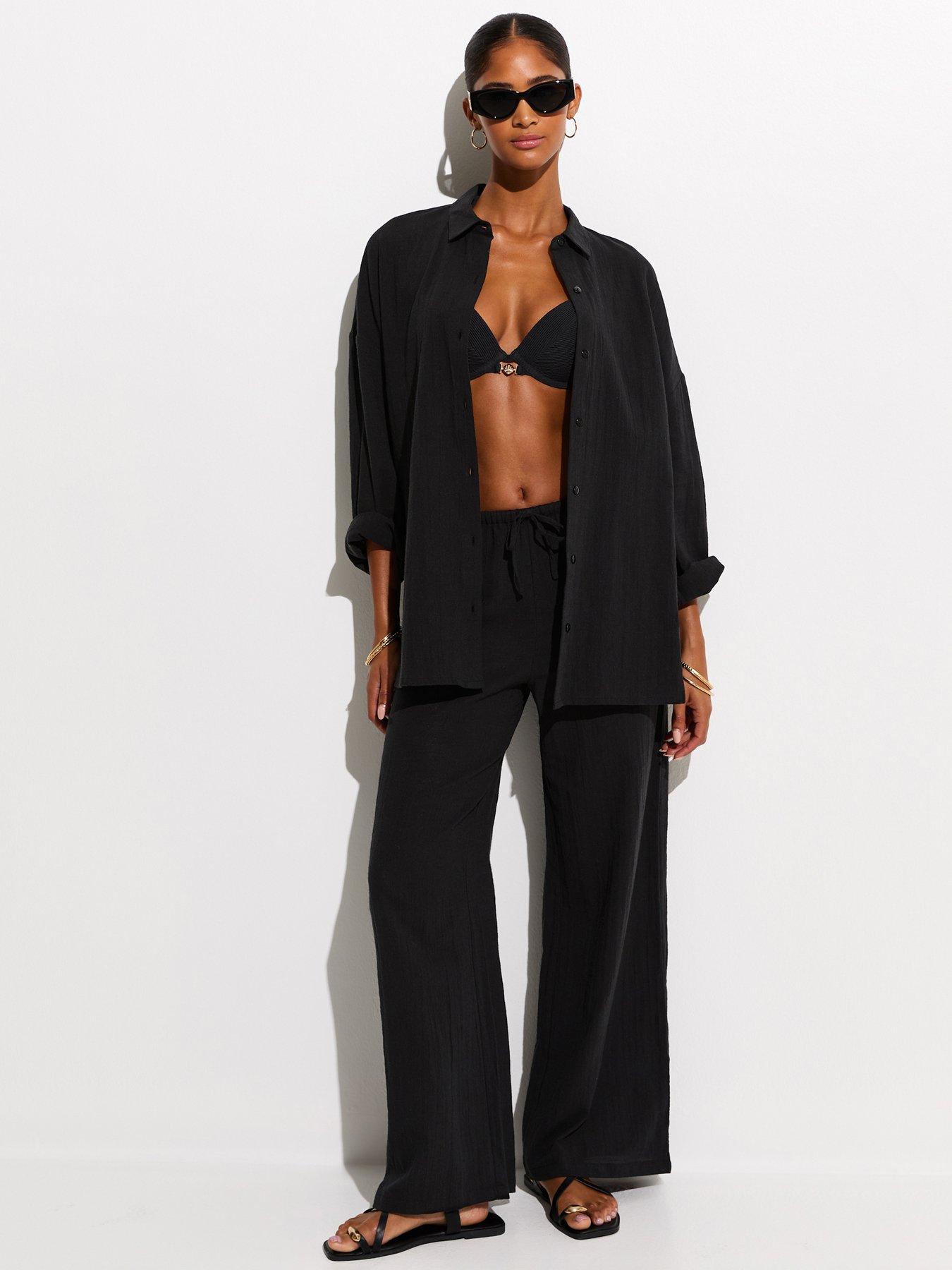 New Look Beach Cotton Slub Wide Leg Trousers - Black