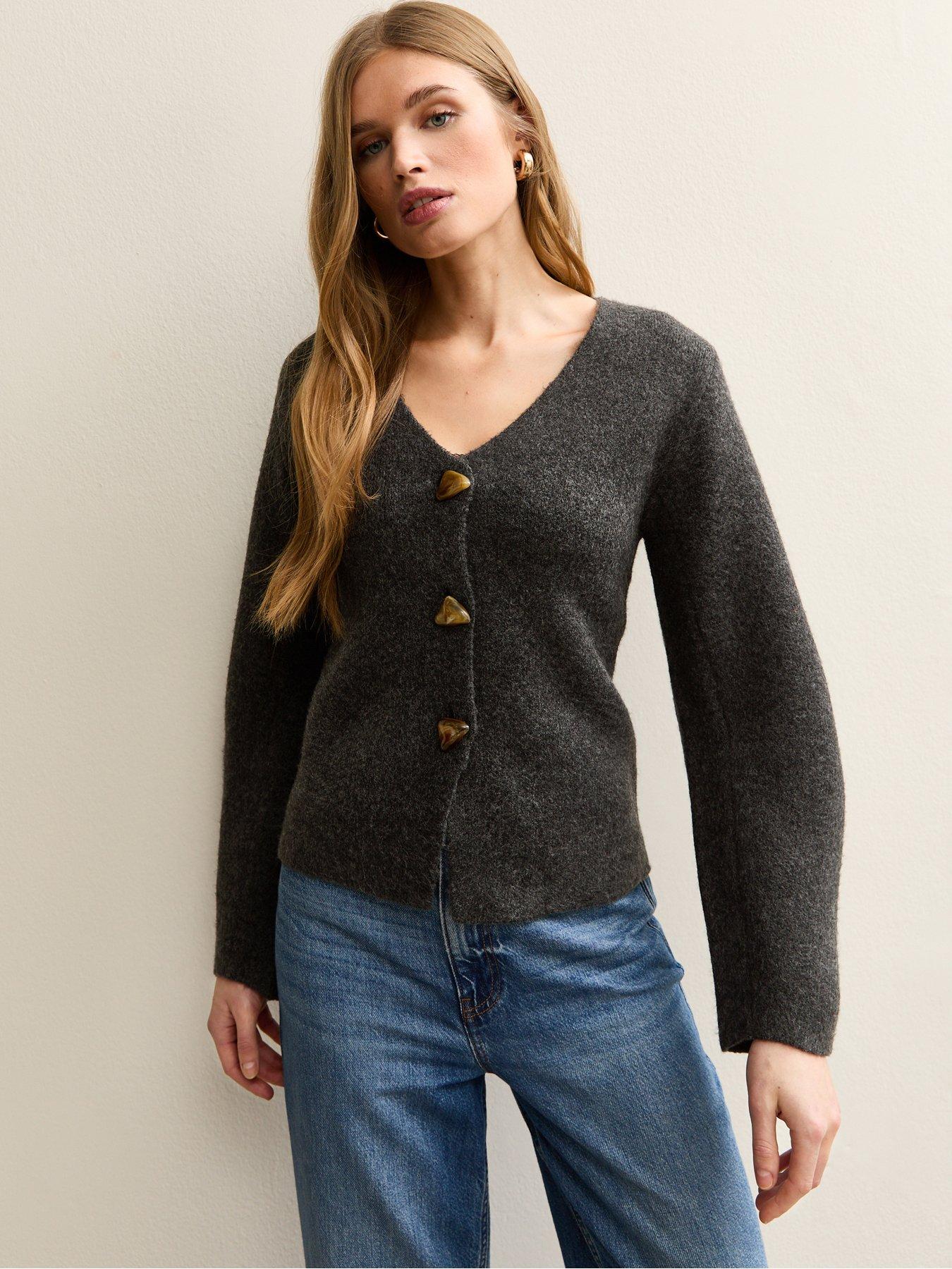 New Look V-Neck Heavyweight Knit Cardigan - Dark Grey