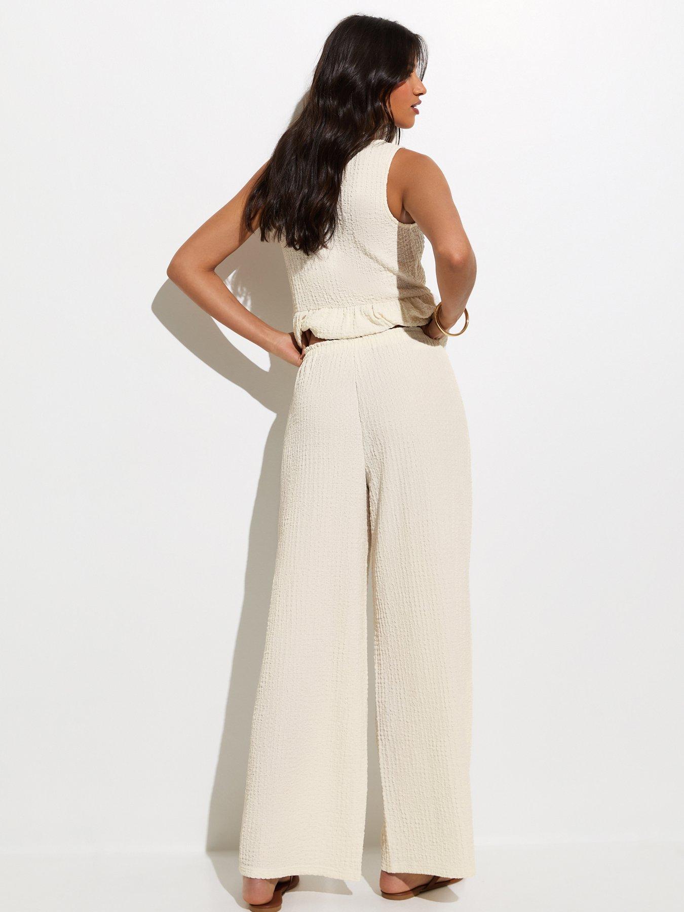 Image 2 of 7 of New Look Off White Textured Jersey Beach Wide Leg Trouser