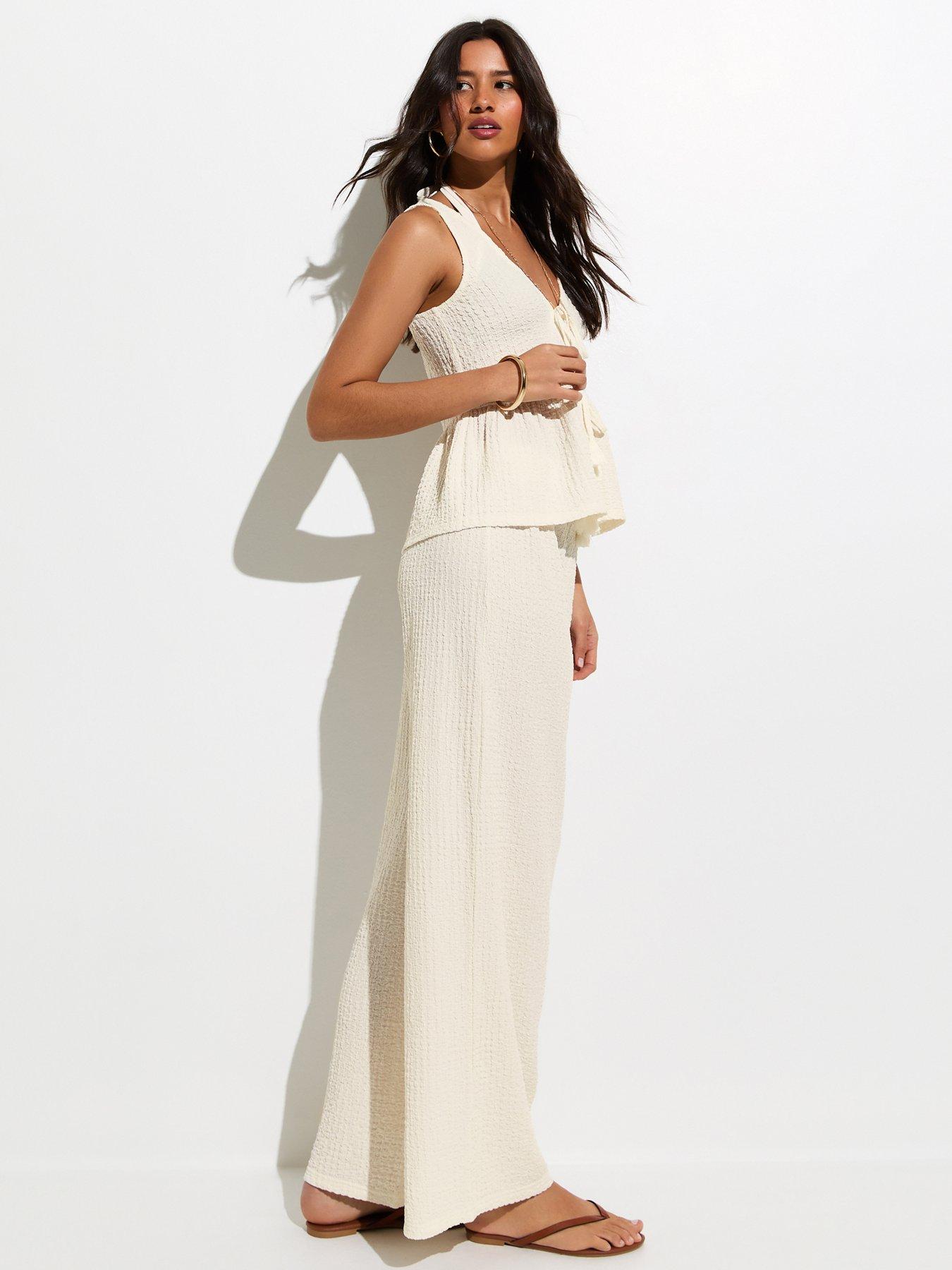 Image 3 of 7 of New Look Off White Textured Jersey Beach Wide Leg Trouser