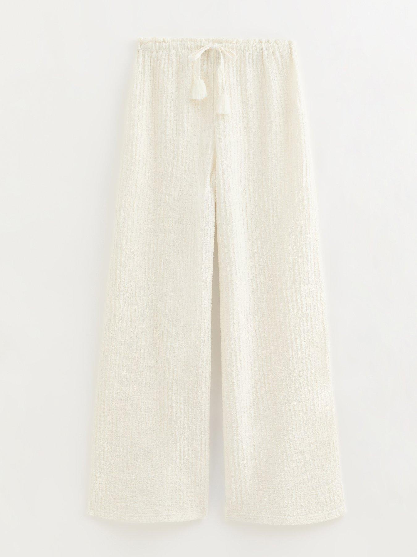 Image 7 of 7 of New Look Off White Textured Jersey Beach Wide Leg Trouser
