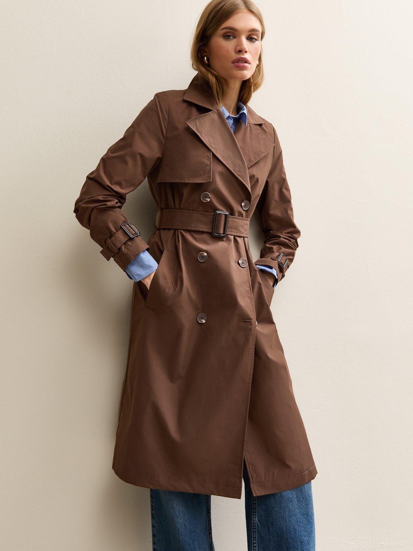 Image 4 of 6 of New Look Double Breasted Trench Coat - Dark Brown