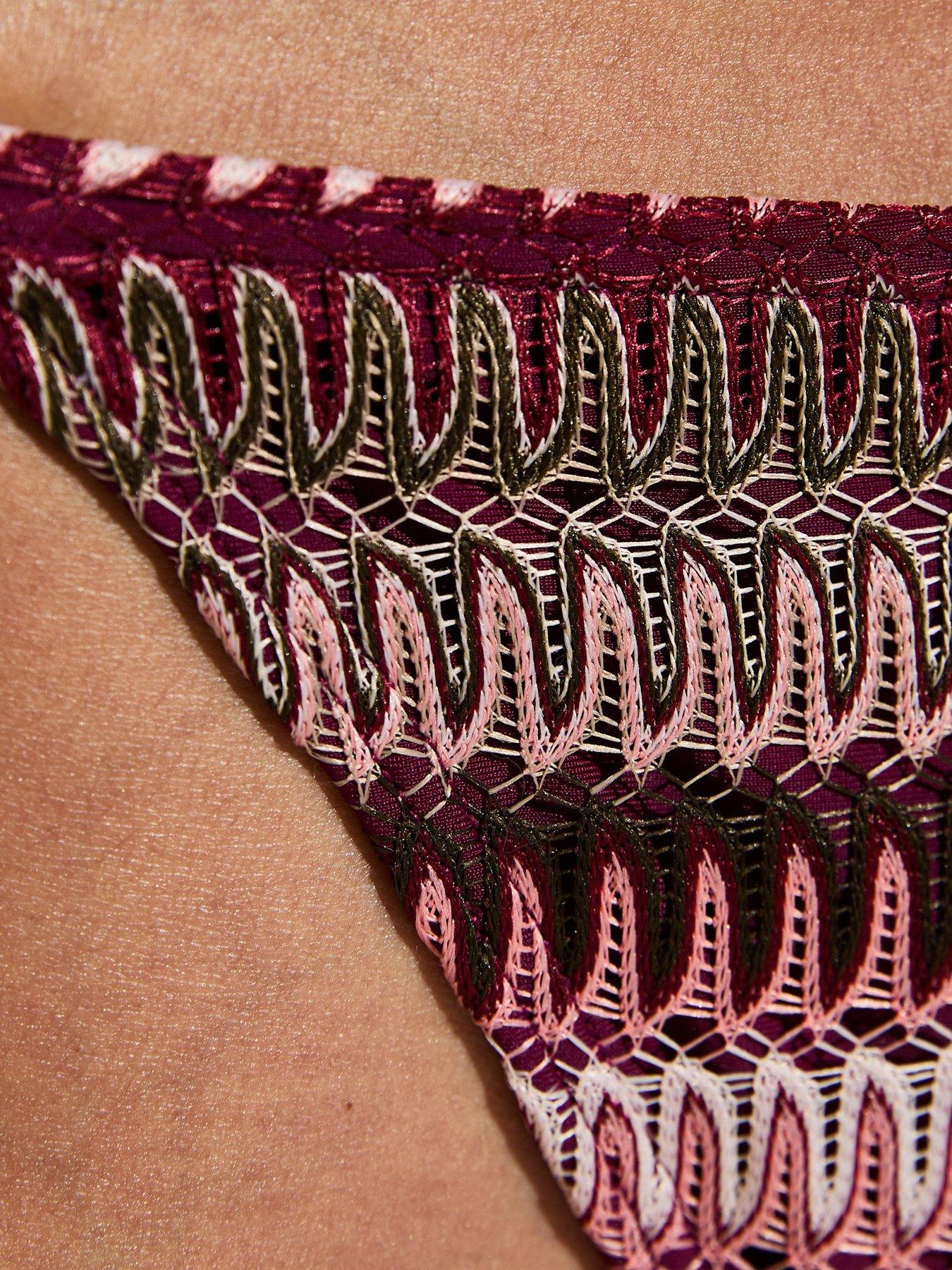 Image 5 of 6 of New Look Dark Pink Striped Crochet Tie Side Bikini Bottoms