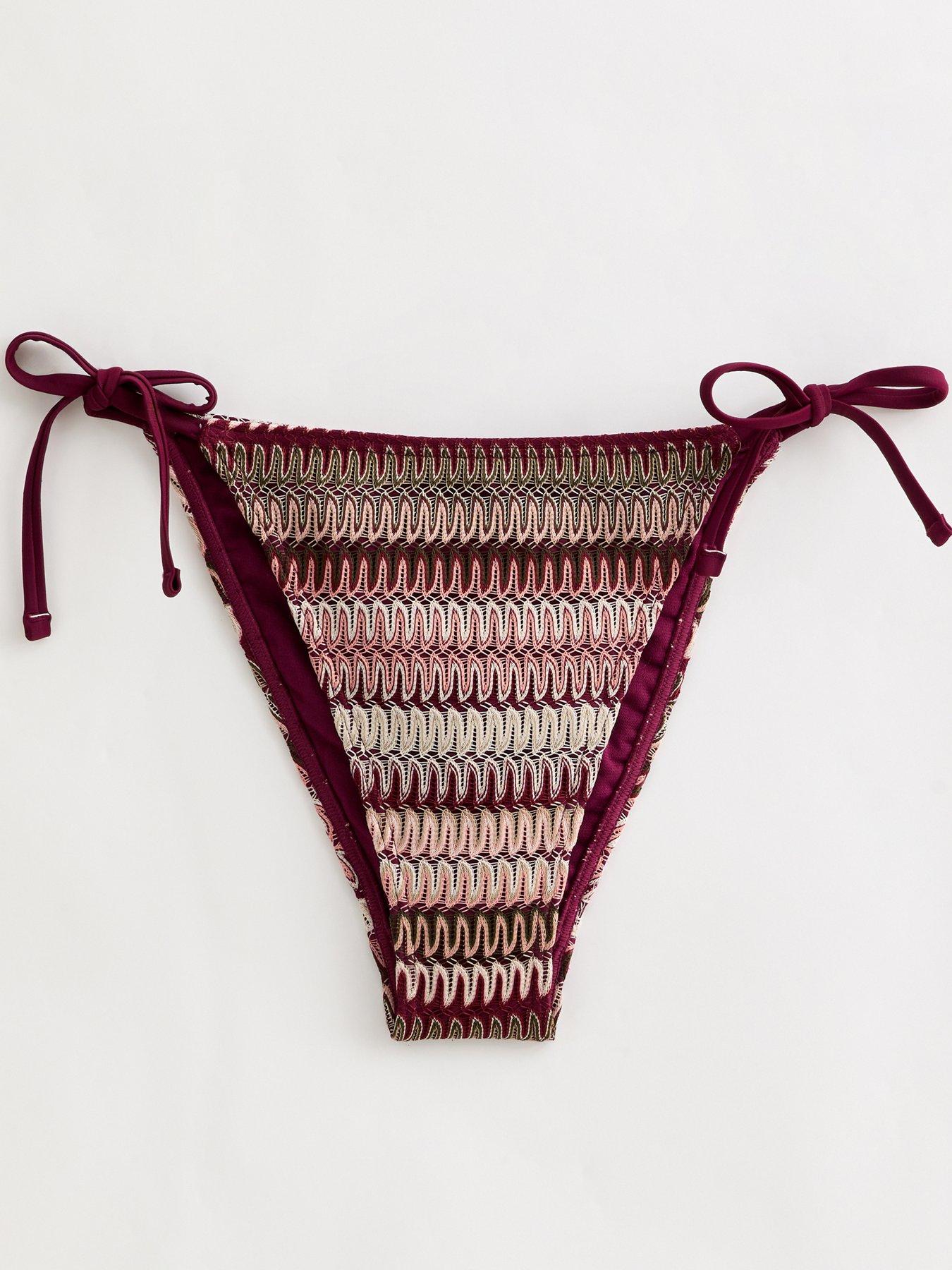 Image 6 of 6 of New Look Dark Pink Striped Crochet Tie Side Bikini Bottoms