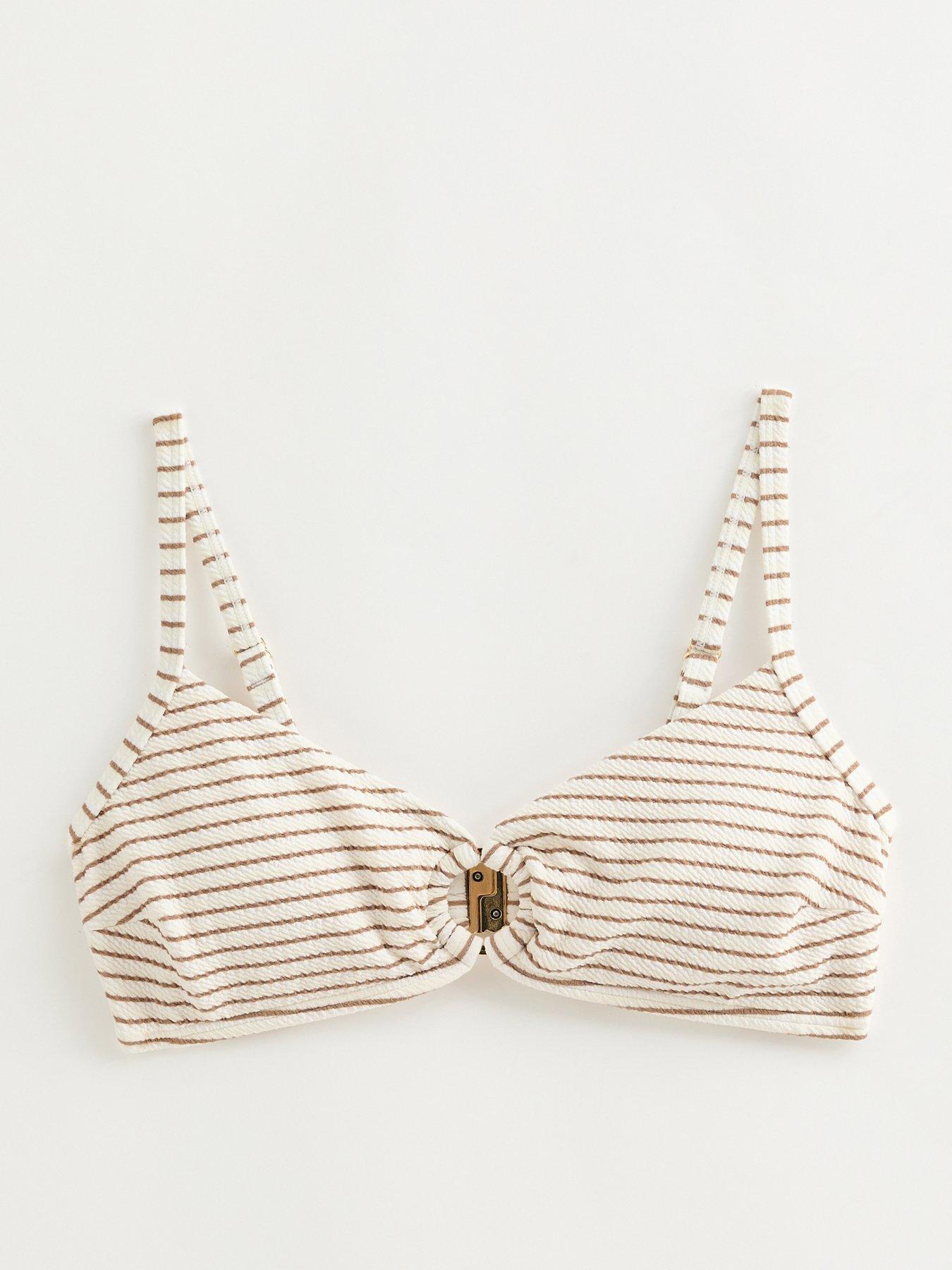 Image 6 of 6 of New Look Brown Striped Crinkled O Ring Bikini Top