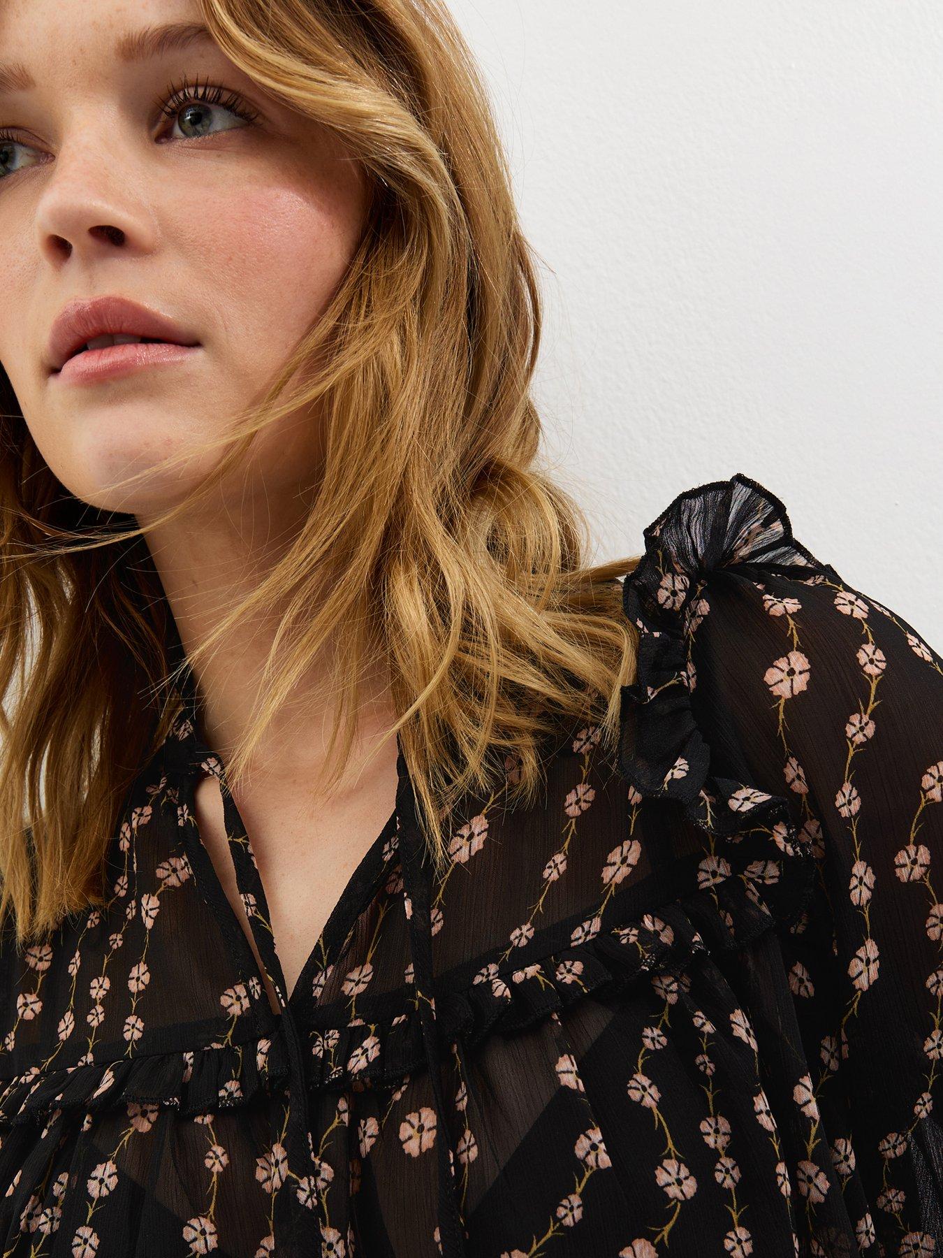 New Look Relaxed Fit Semi Sheer Floral Print Ruffle Bib Blouse - Black ...