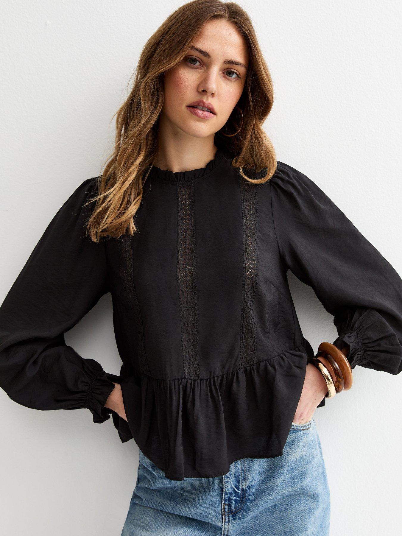 New Look Lace Insert Frill Neck Blouse - Black