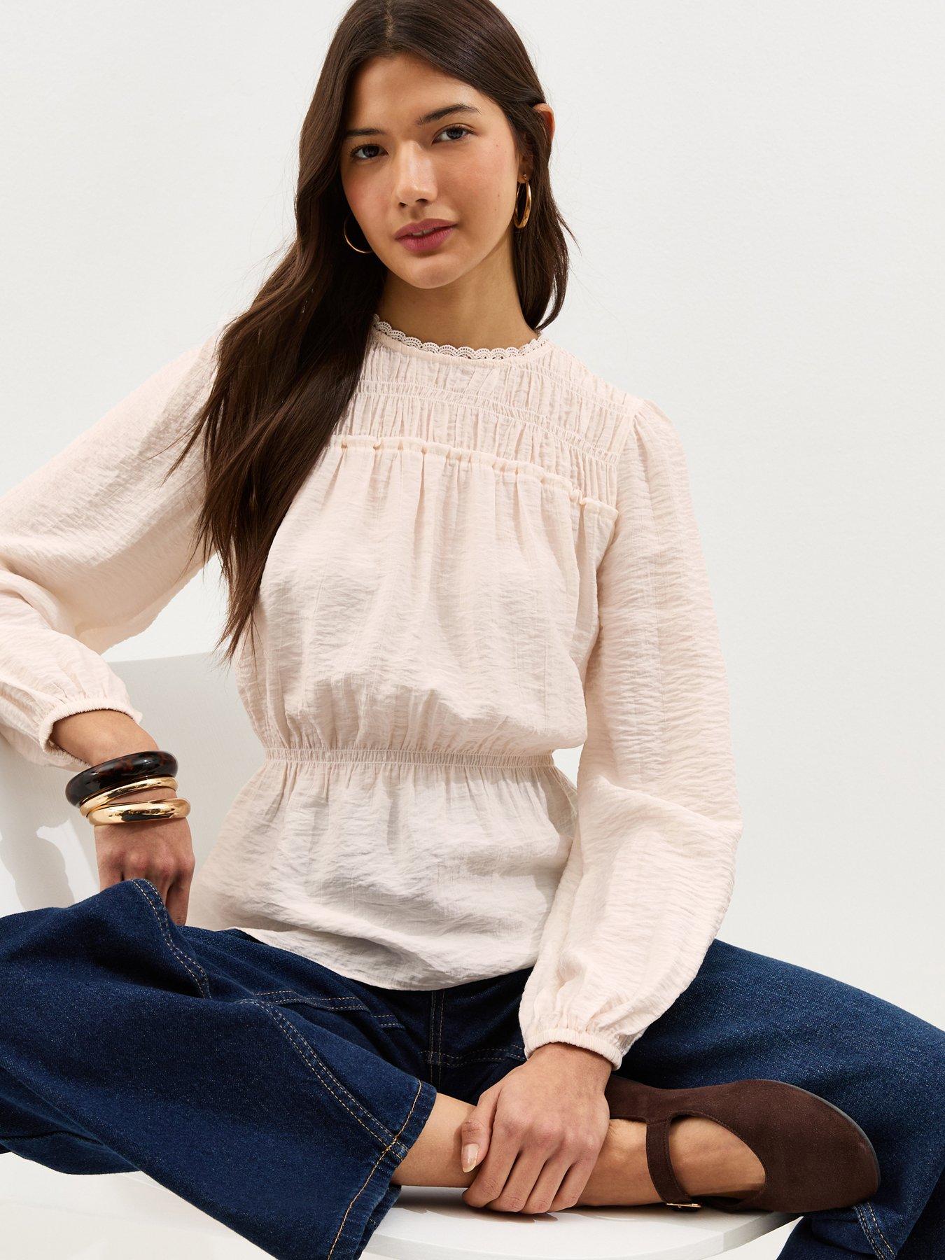 new-look-shirred-long-sleeve-crew-neck-blouse-off-white