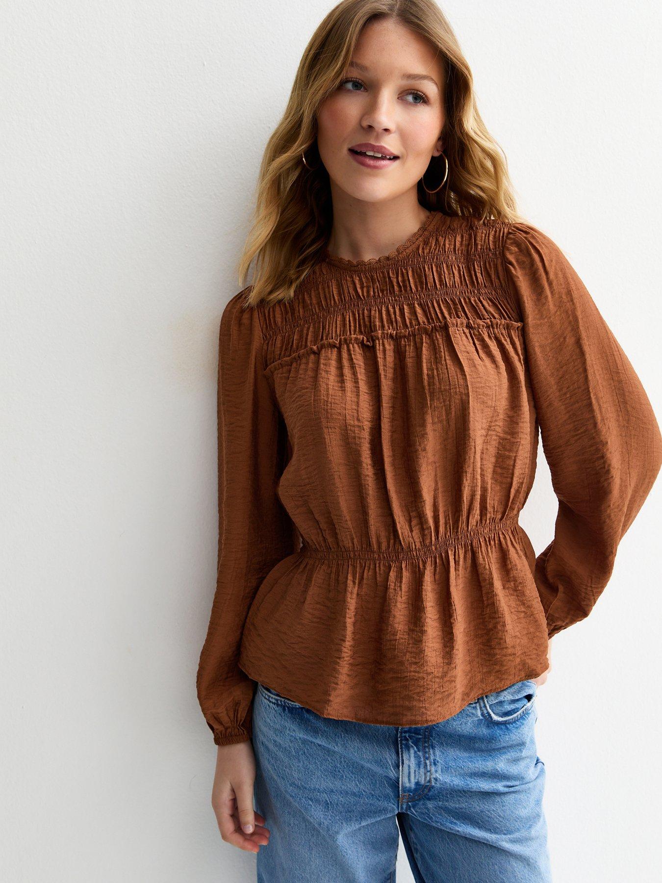new-look-shirred-crew-neck-blouse-dark-brownfront