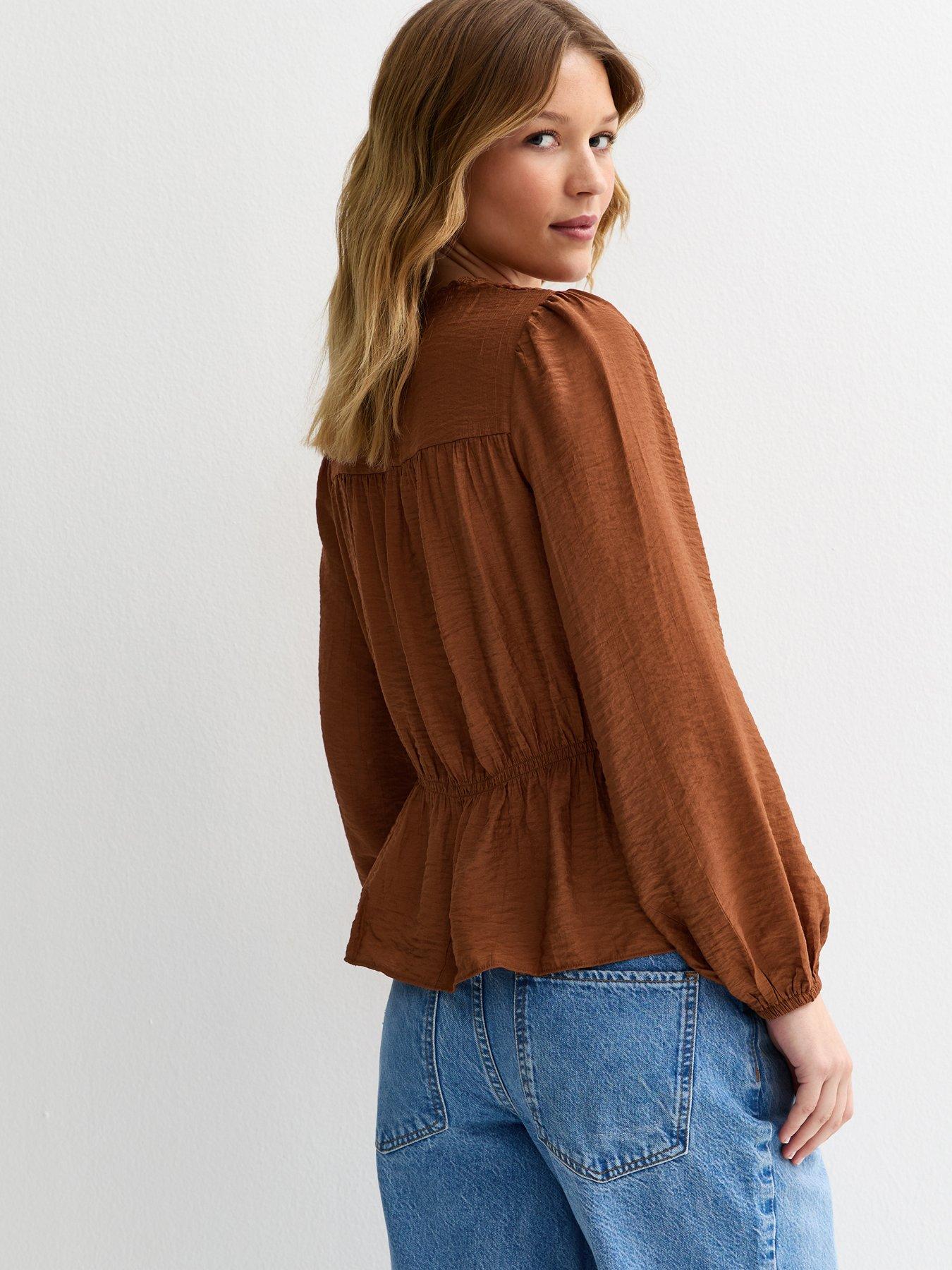 new-look-shirred-crew-neck-blouse-dark-brownstillFront