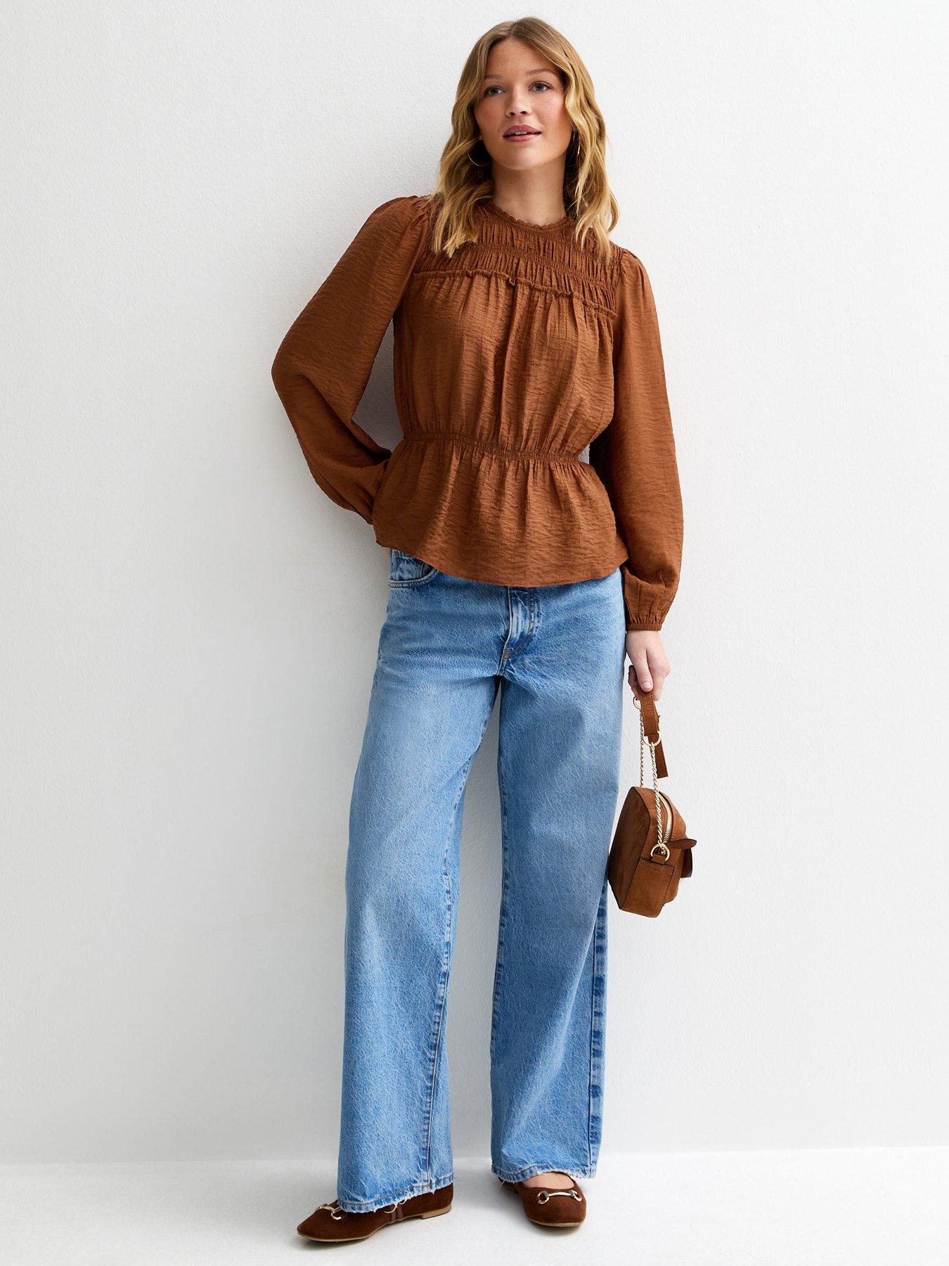 new-look-shirred-crew-neck-blouse-dark-brownback
