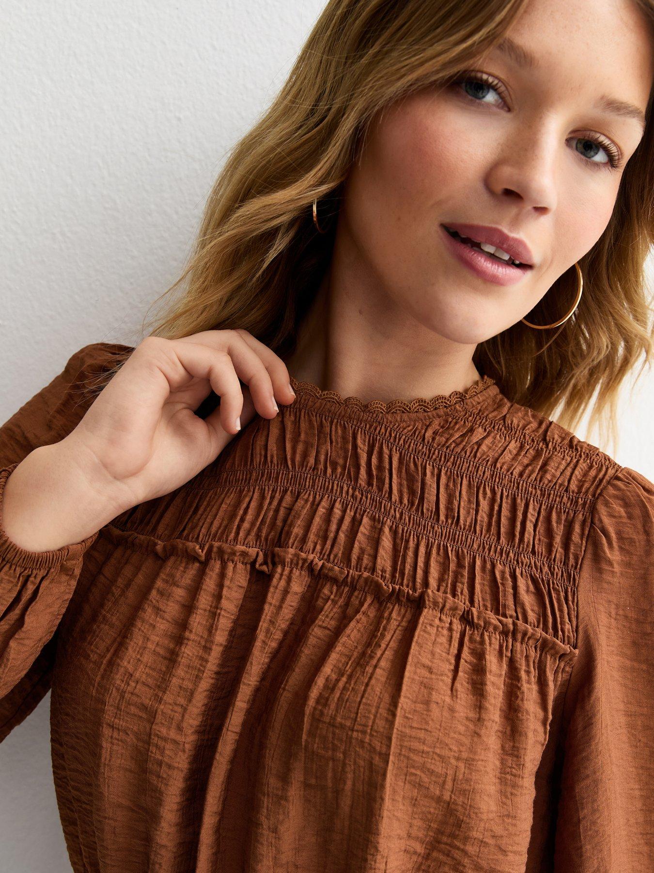 new-look-shirred-crew-neck-blouse-dark-brownoutfit