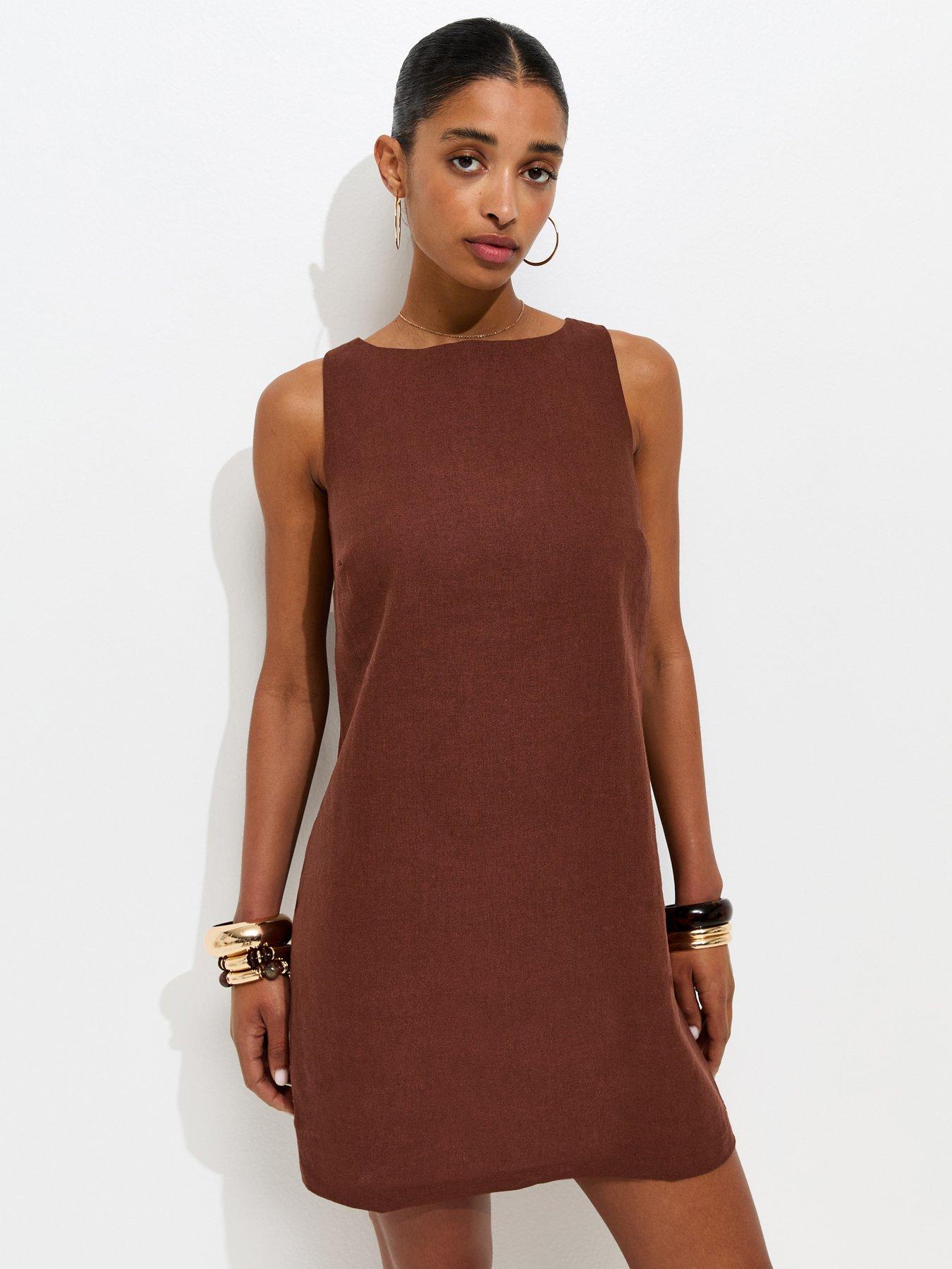 New Look Dark Brown Linen Blend Tie Back Mini Dress