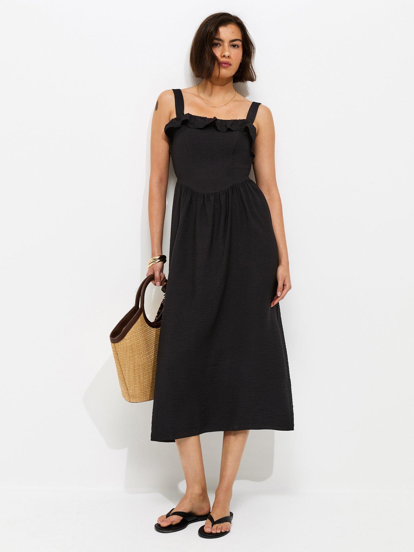 Image 1 of 5 of New Look Square Neck Frilly Trim Midi Dress - Black