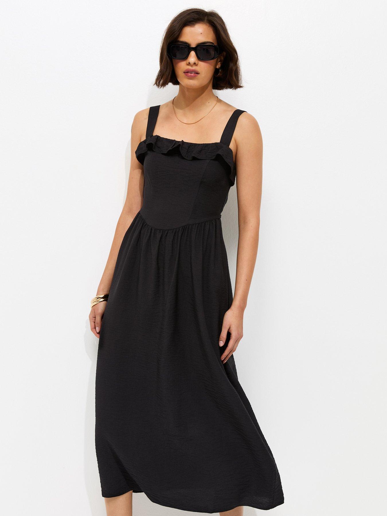 Image 3 of 5 of New Look Square Neck Frilly Trim Midi Dress - Black