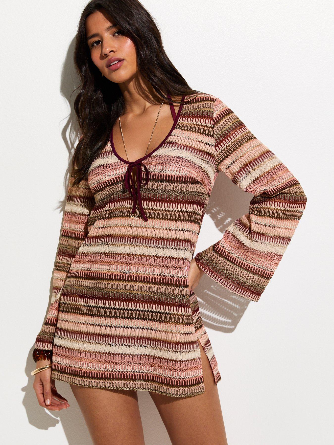 new-look-pink-stripes-crochet-kaftan-beach-mini-dressfront