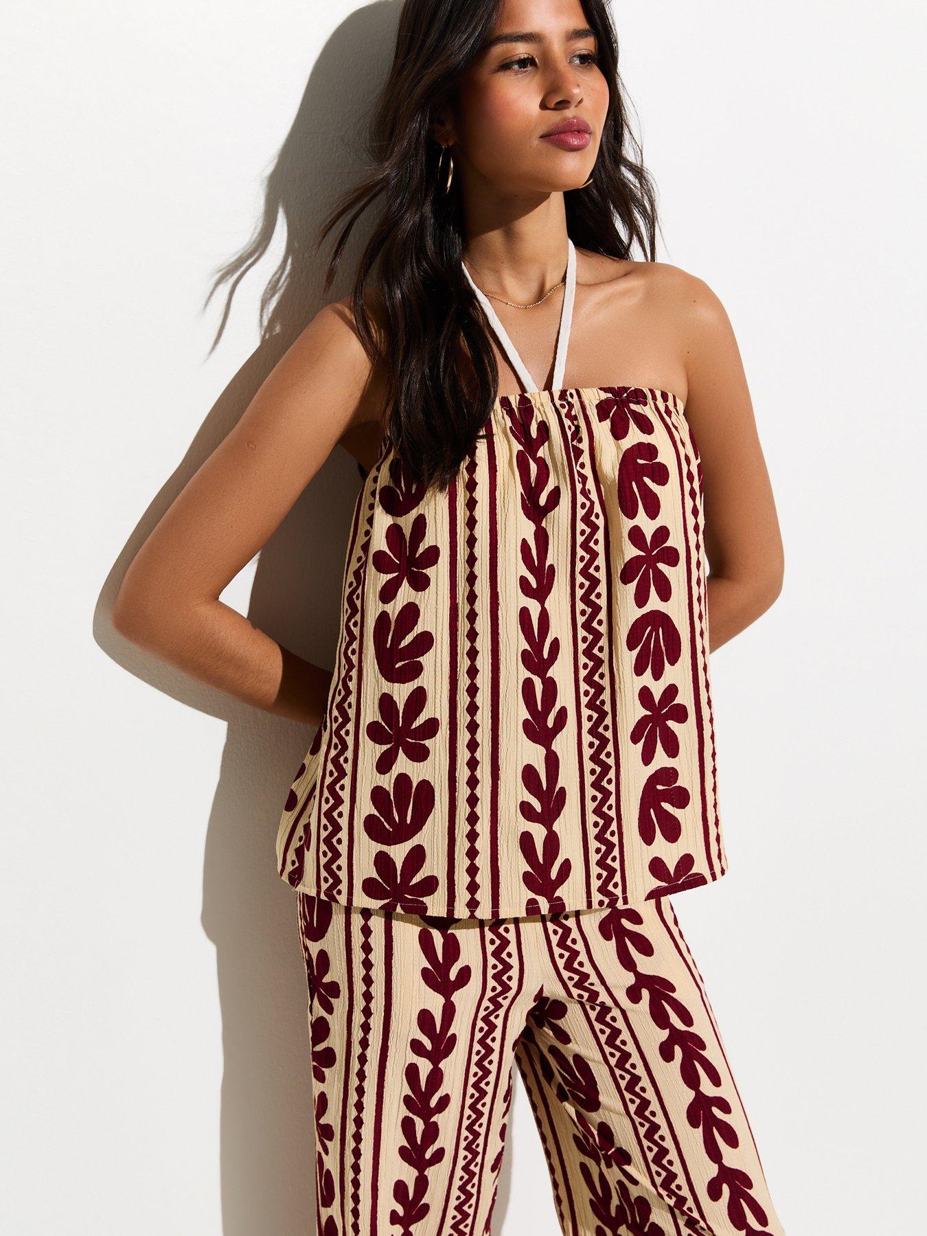 new-look-cactus-print-bandeau-beach-top-brownfront