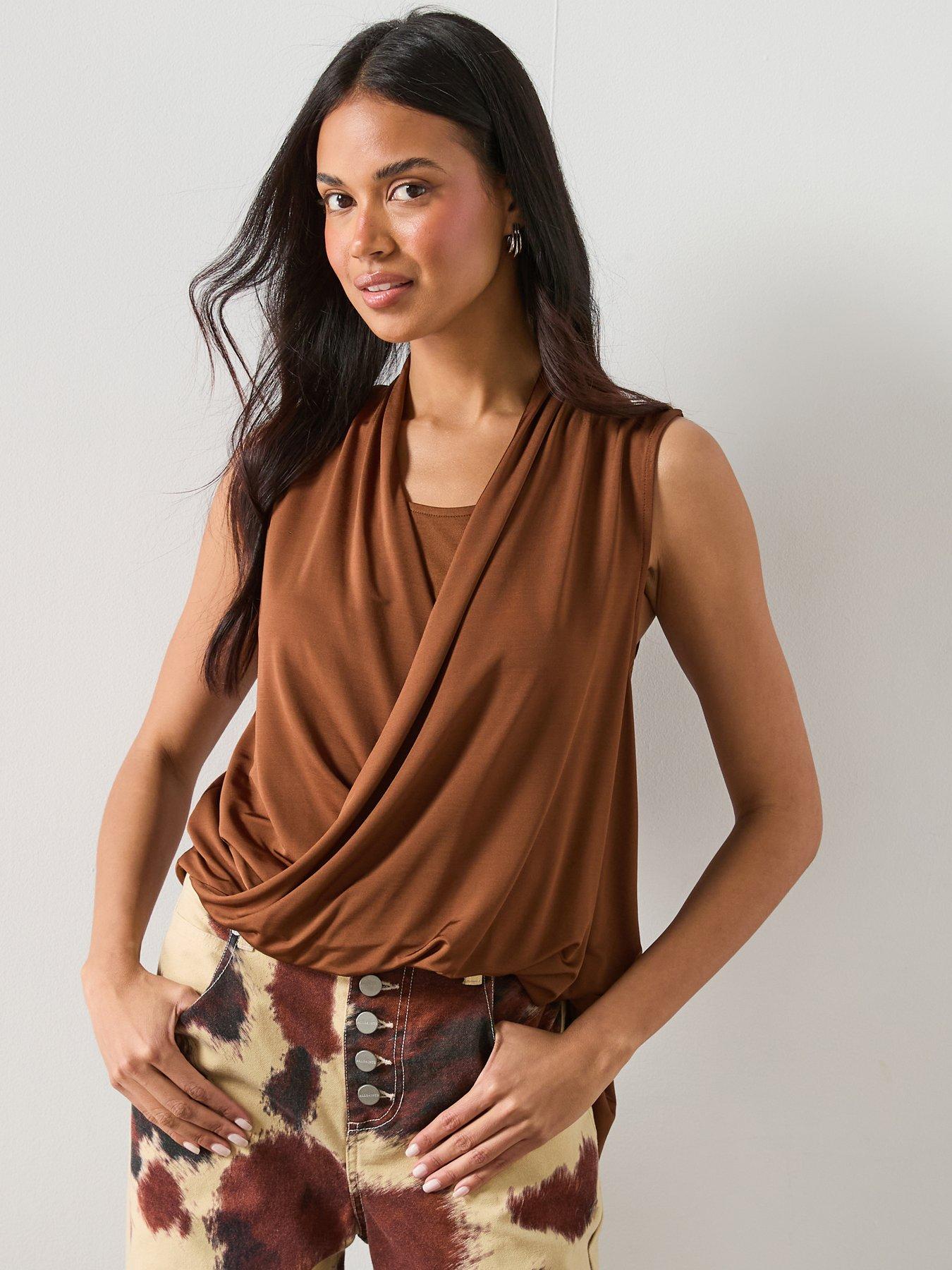 allsaints-adaline-sleeveless-drape-top-cognac-brownfront