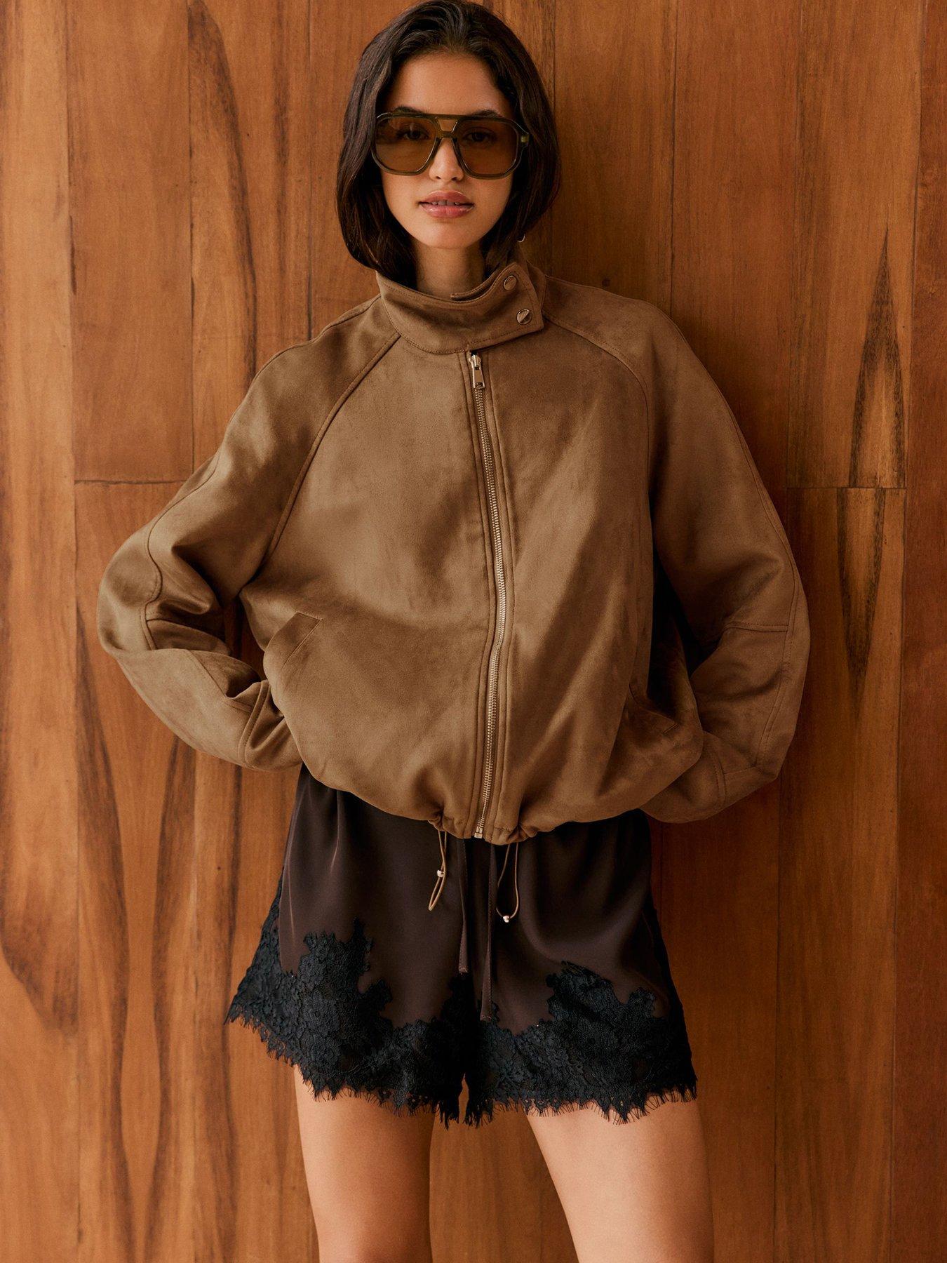 Friends Like These Faux Suede Zip Thru Drawstring Hem - Brown