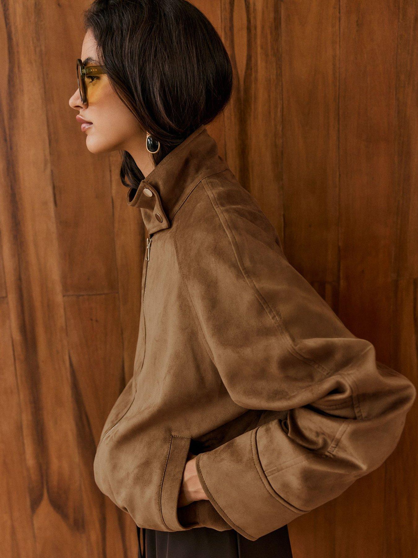 Image 3 of 4 of Friends Like These Faux Suede Zip Thru Drawstring Hem - Brown