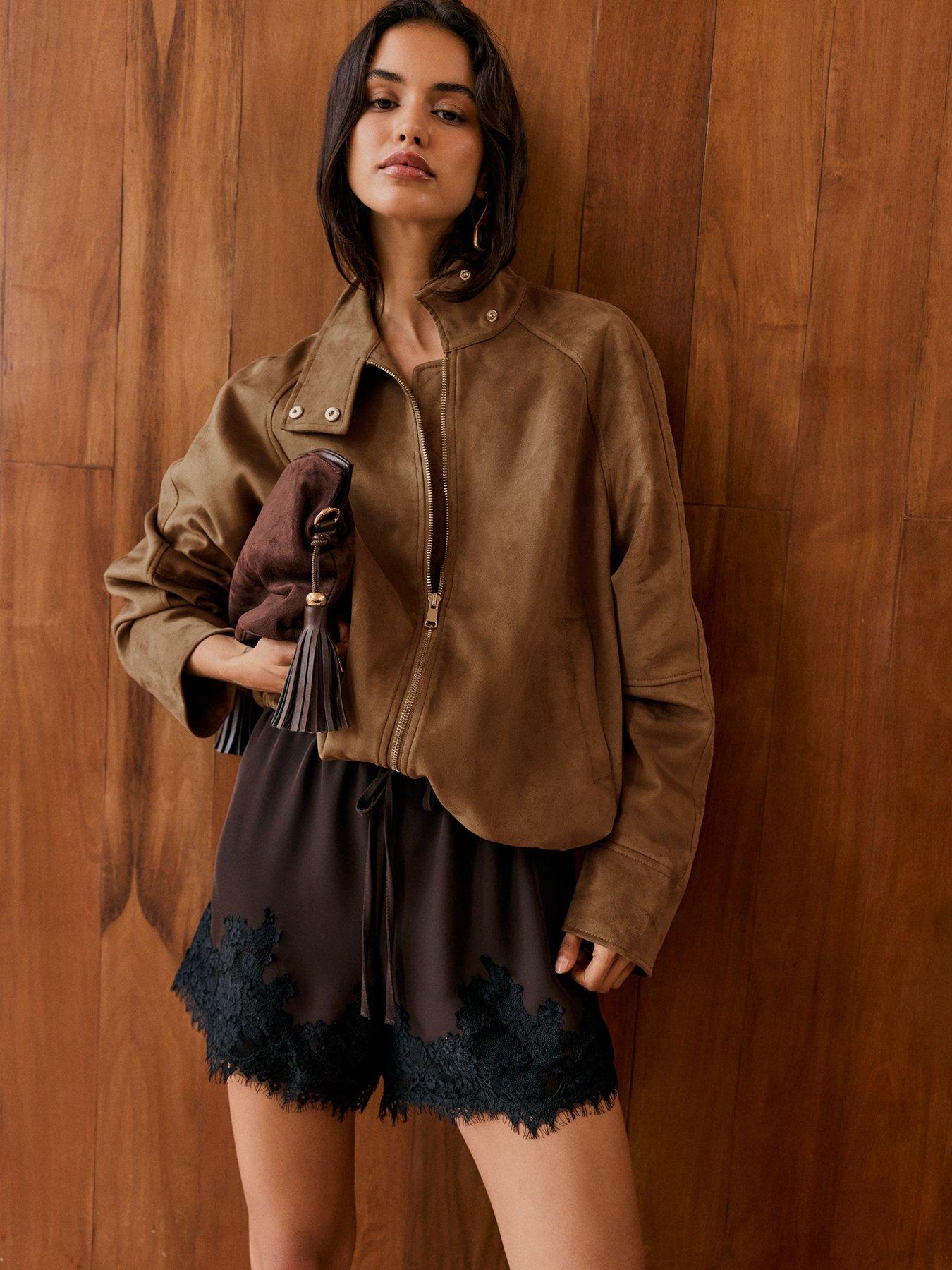 Image 4 of 4 of Friends Like These Faux Suede Zip Thru Drawstring Hem - Brown