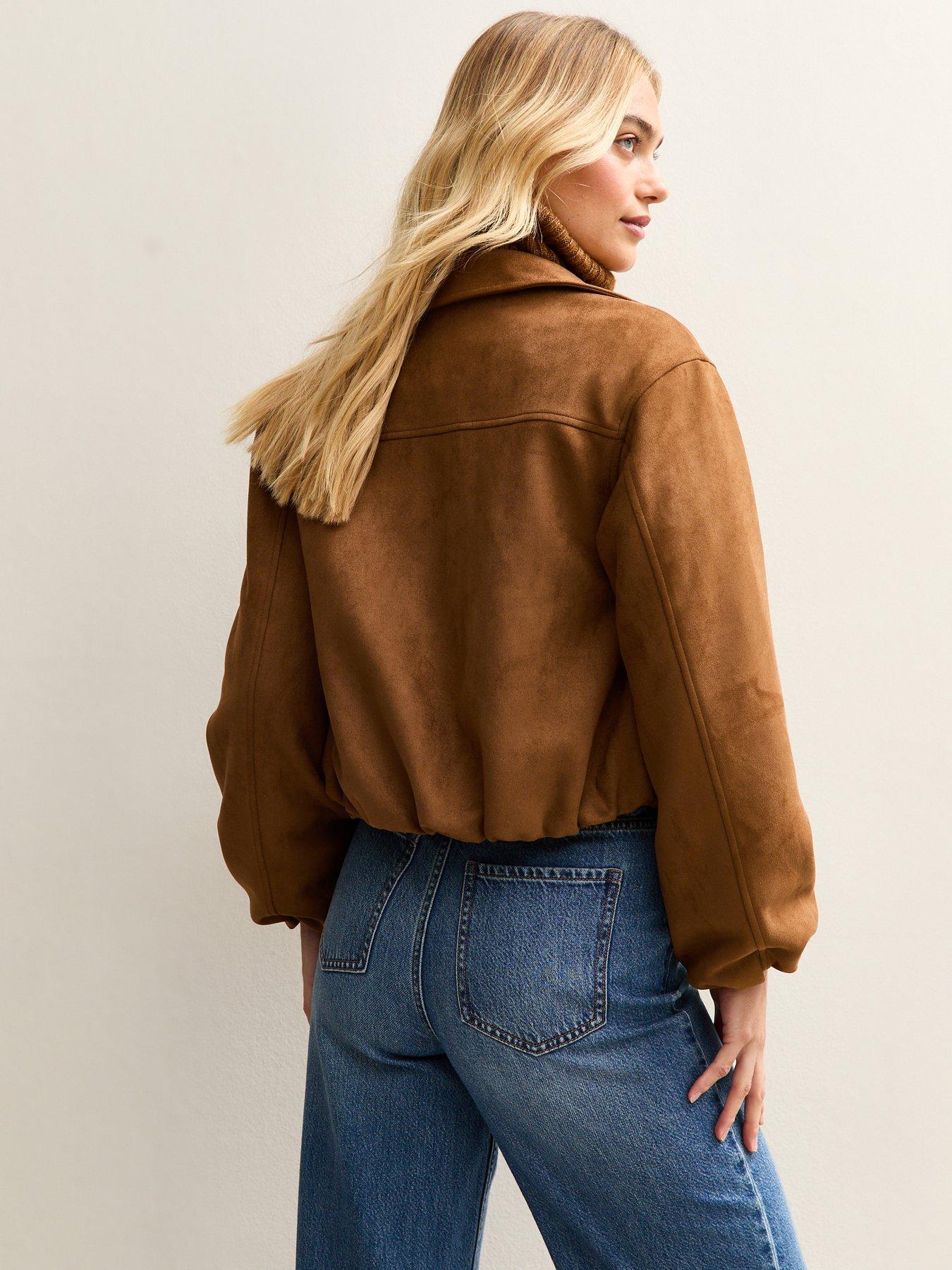 Image 2 of 6 of New Look Faux Suede Bubble Hem Jacket - Light Brown