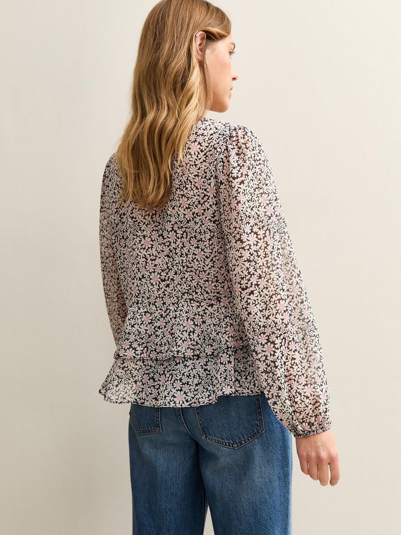 Image 2 of 5 of New Look Daisy V- Neck Sheer Chiffon Tea Blouse - Black/Pink