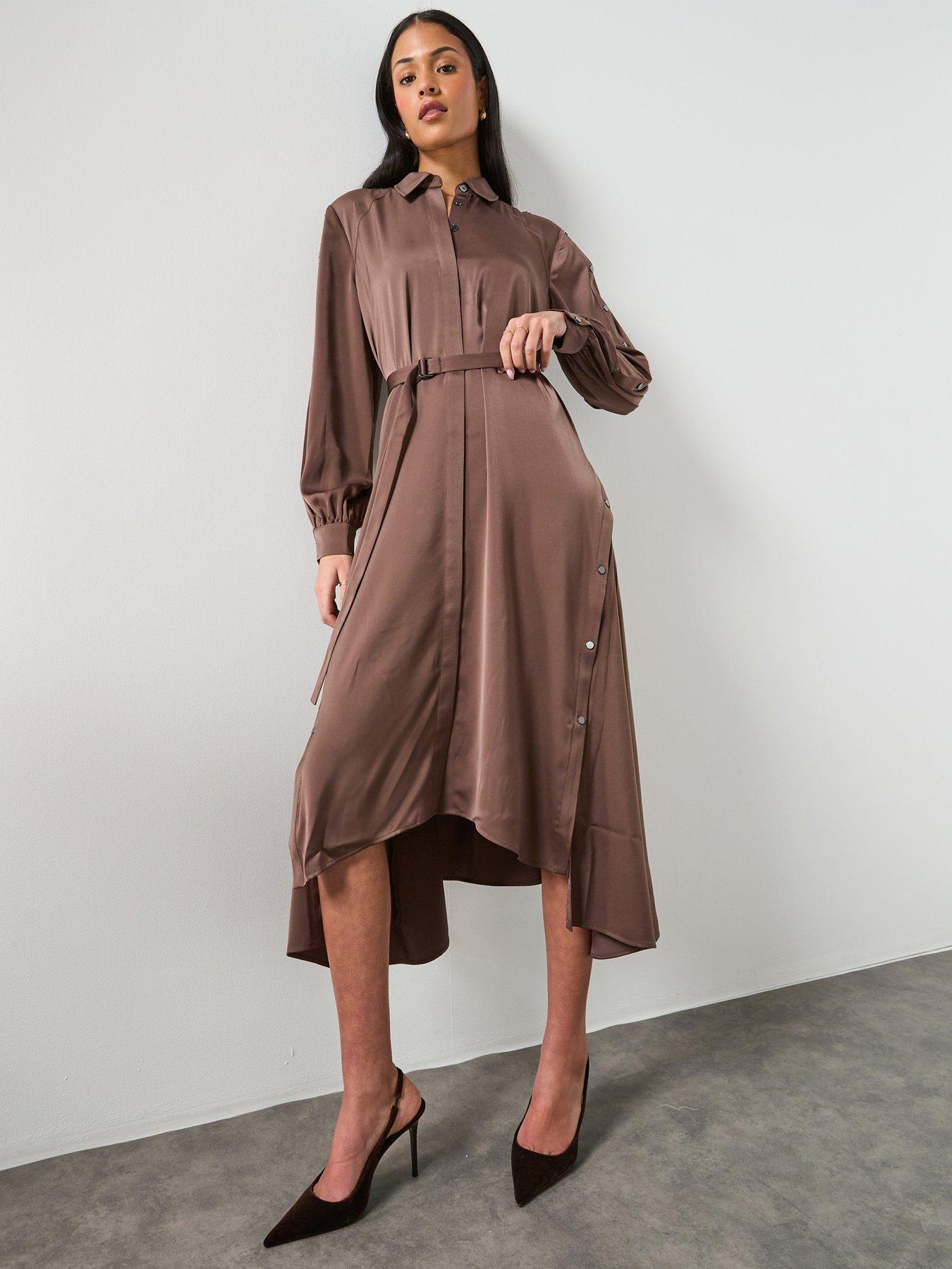 AllSaints Lexi Long Sleeve Popper Detail Midi Dress - Pot Brown